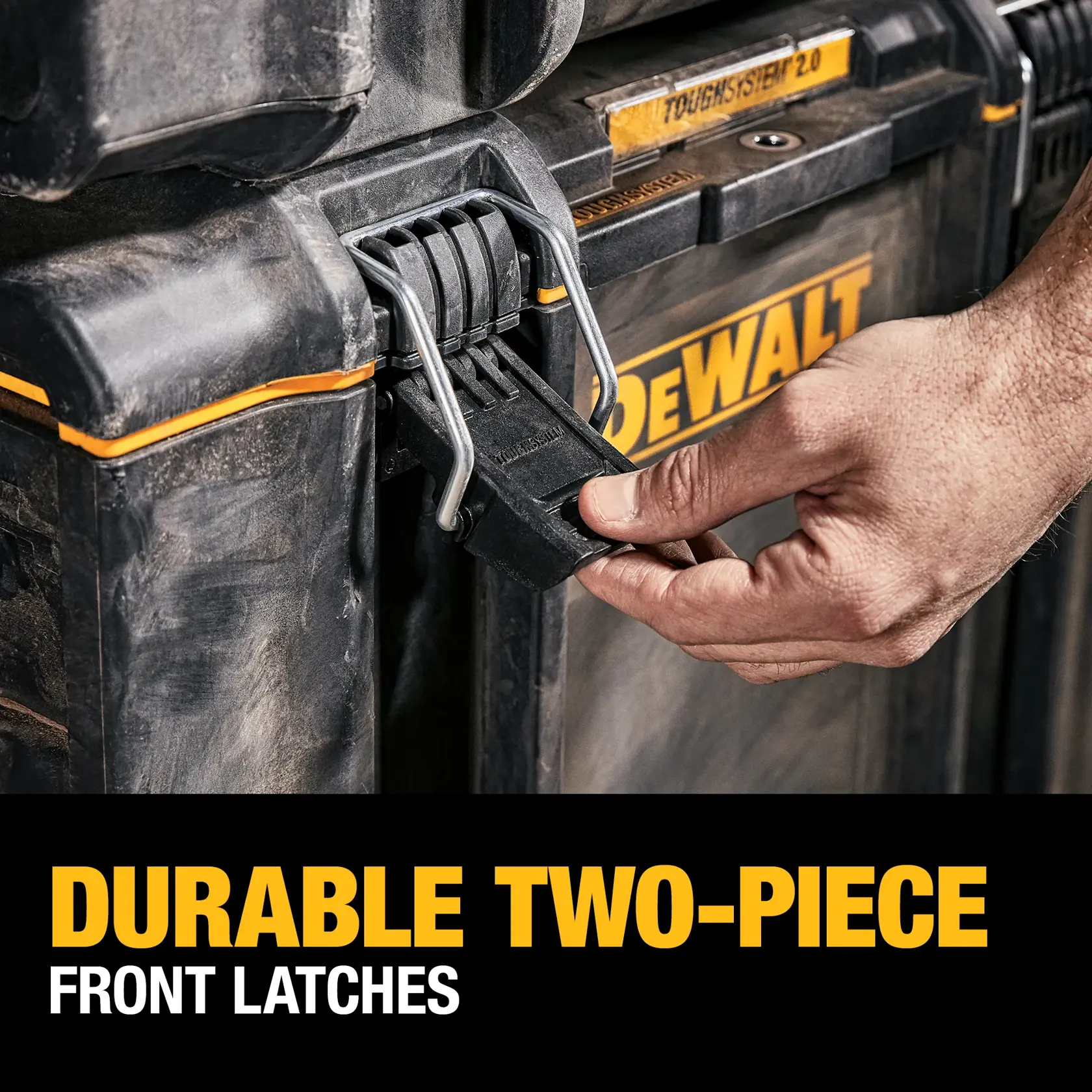 Three DEWALT ToughSystem storage products, including stackable toolboxes, a yellow storage case, and a wheeled cart with drawers, are shown on a muddy construction site with a concrete wall in the background. The text reads: 'COMPATIBLE WITH ALL TOUGHSYSTEM PRODUCTS.'