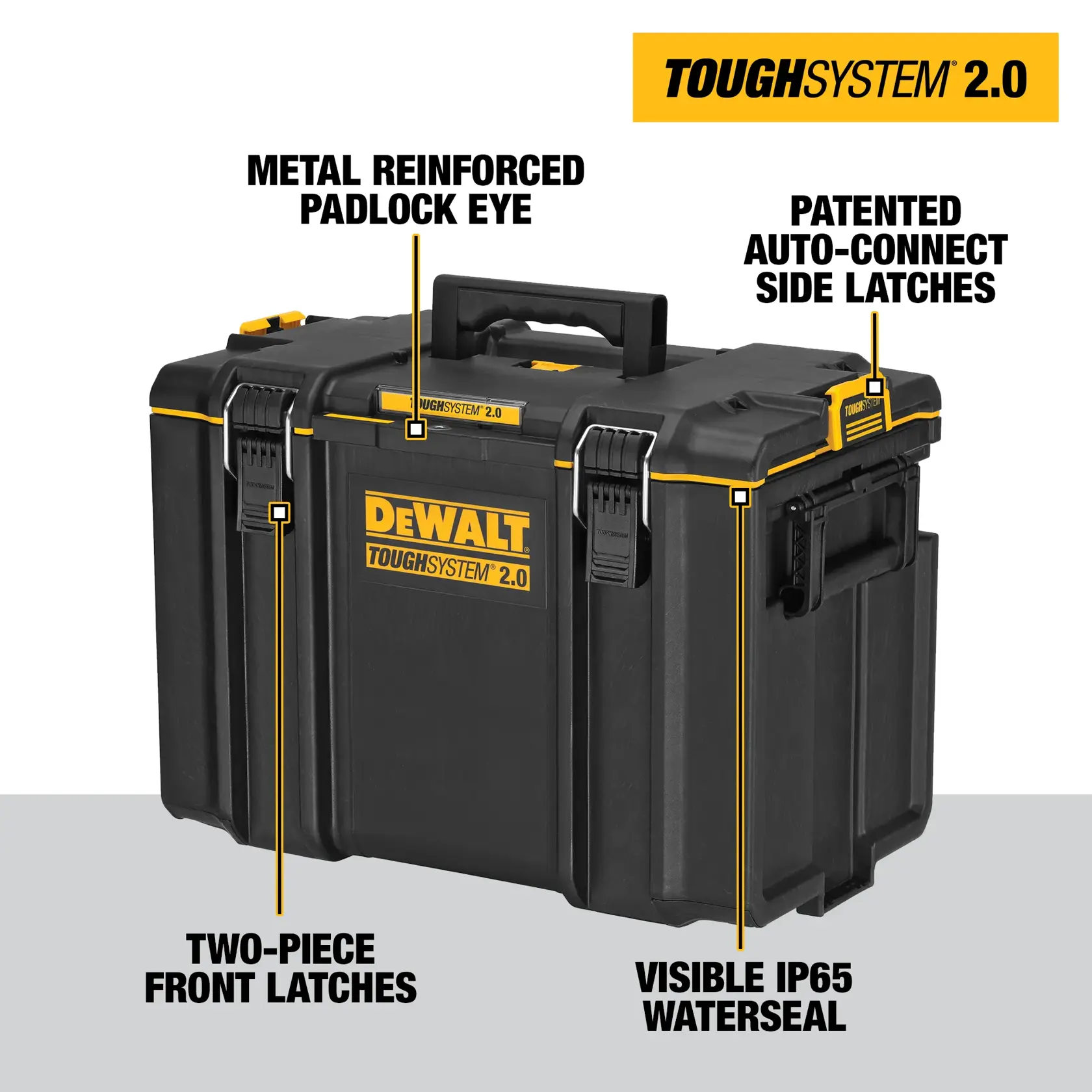 A DEWALT ToughSystem 2.0 black tool box with yellow accents is shown. The image highlights its metal reinforced padlock eye, patented auto-connect side latches, two-piece front latches, and a visible IP65 waterseal. The DEWALT logo and ToughSystem 2.0 label are visible on the front.