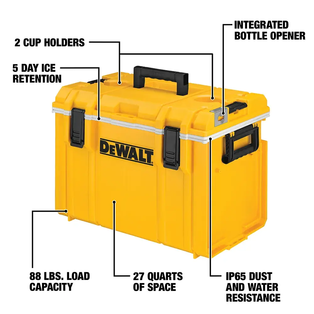 Yellow DEWALT cooler with black handles and highlighted features including 2 cup holders, 5 day ice retention, integrated bottle opener, 88 lbs load capacity, 27 quarts of space, and IP65 dust and water resistance.