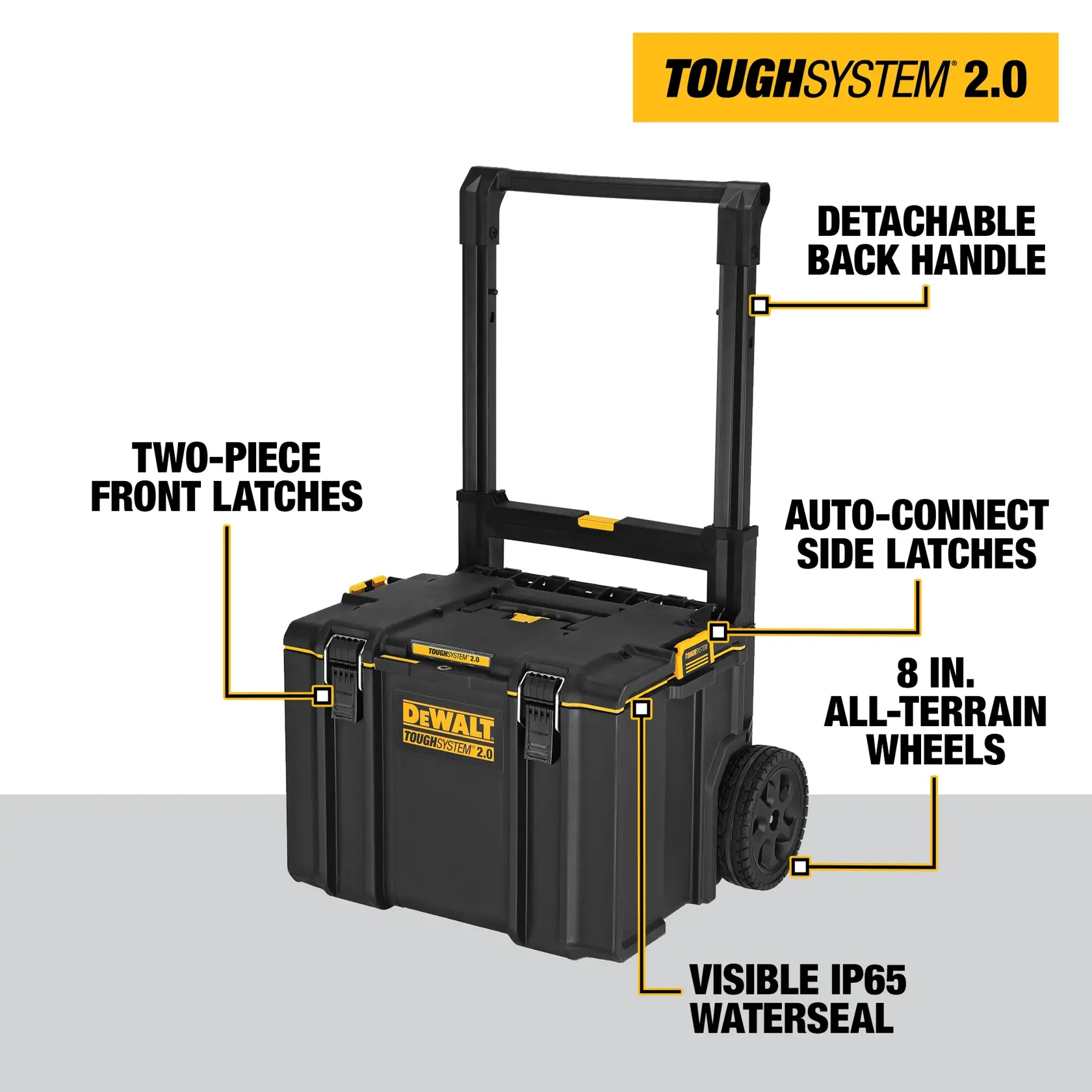 A DEWALT rolling tool box with the lid open, showing a removable inner tray inside. The image highlights the feature that the tool box includes a removable inner tray. Text reads: 'INCLUDES REMOVABLE INNER TRAY.'