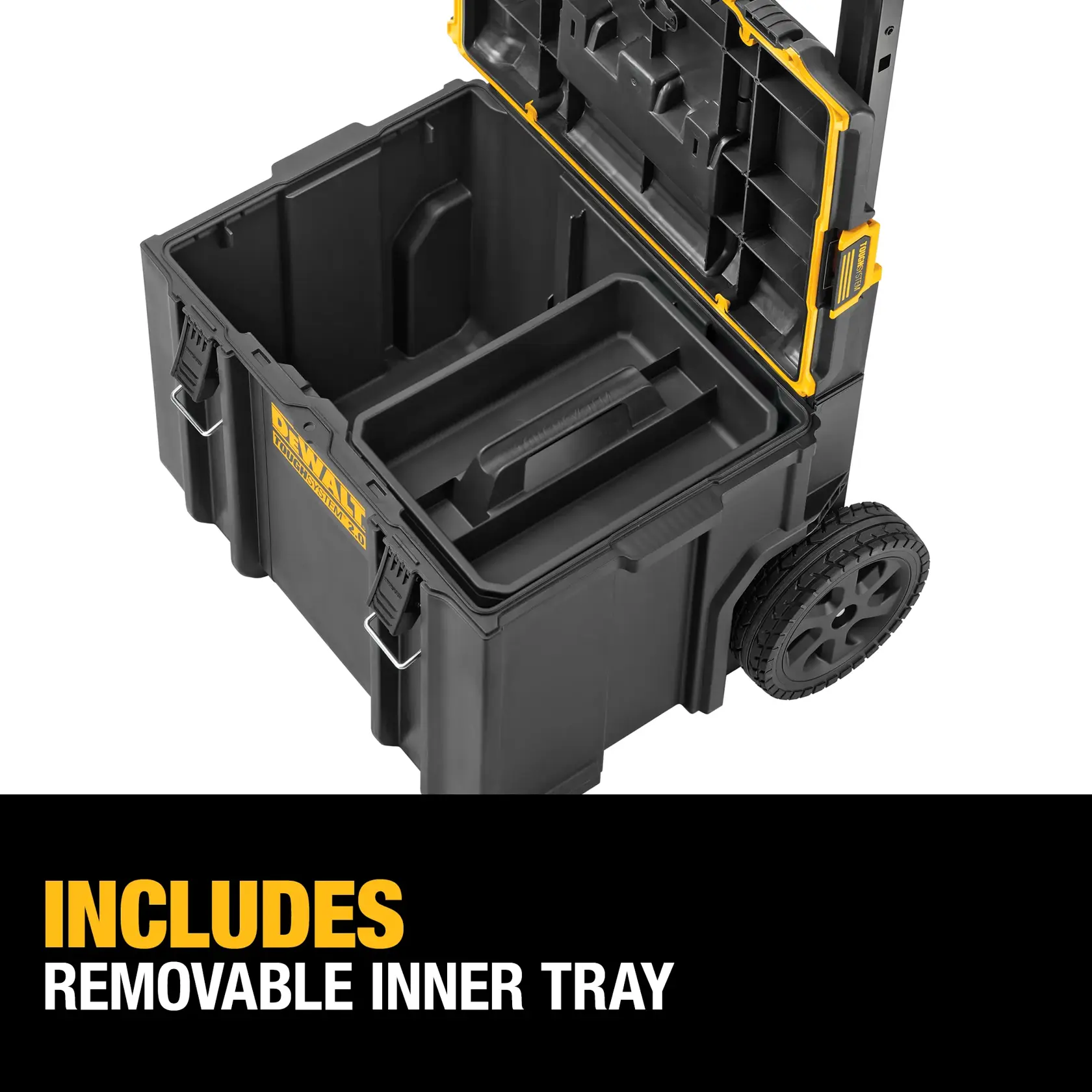 A DEWALT rolling tool box with the lid open, showing a removable inner tray inside. The image highlights the feature that the tool box includes a removable inner tray. Text reads: 'INCLUDES REMOVABLE INNER TRAY.'