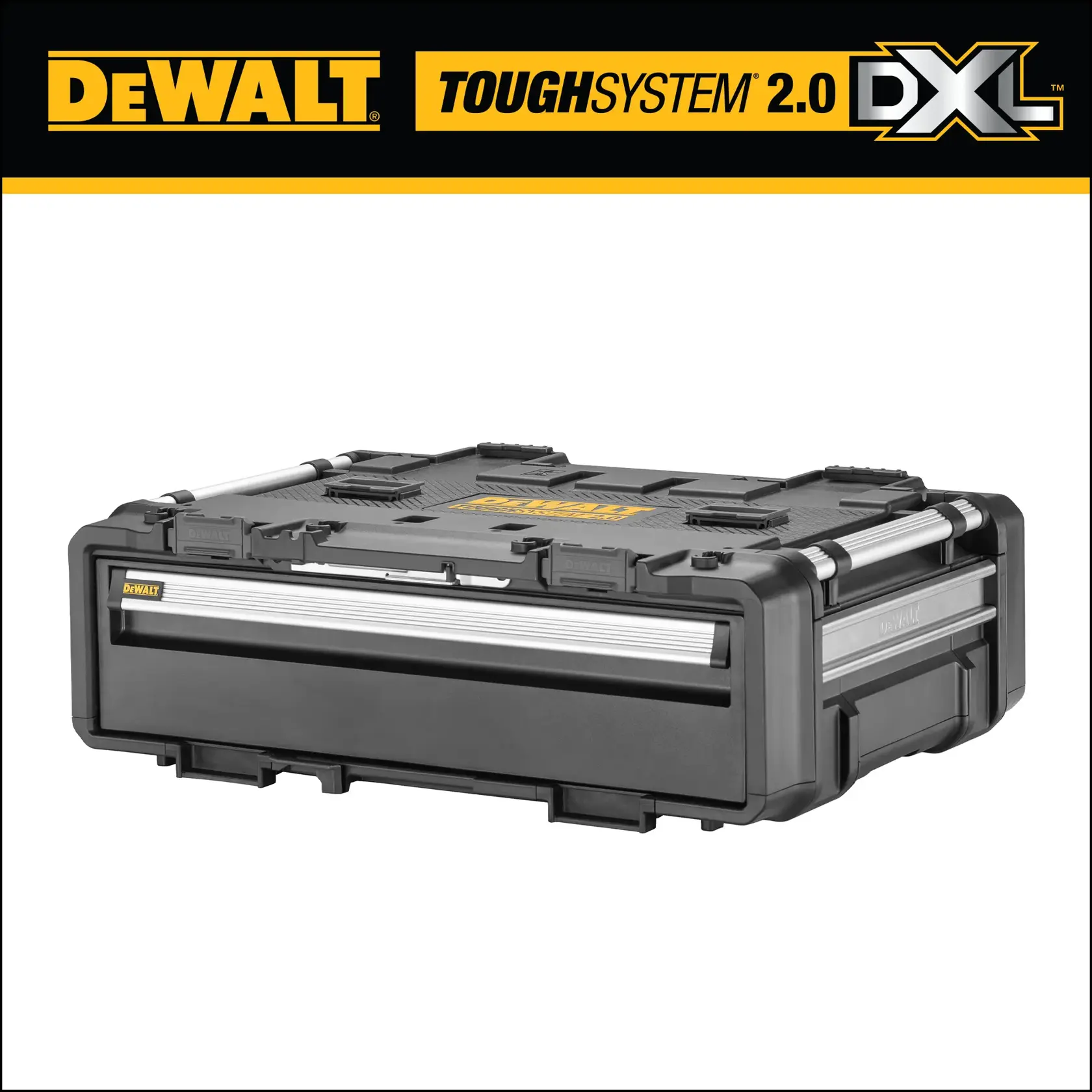 DEWALT ToughSystem 2.0 DXL storage case, black with metal accents, shown closed on a white background.