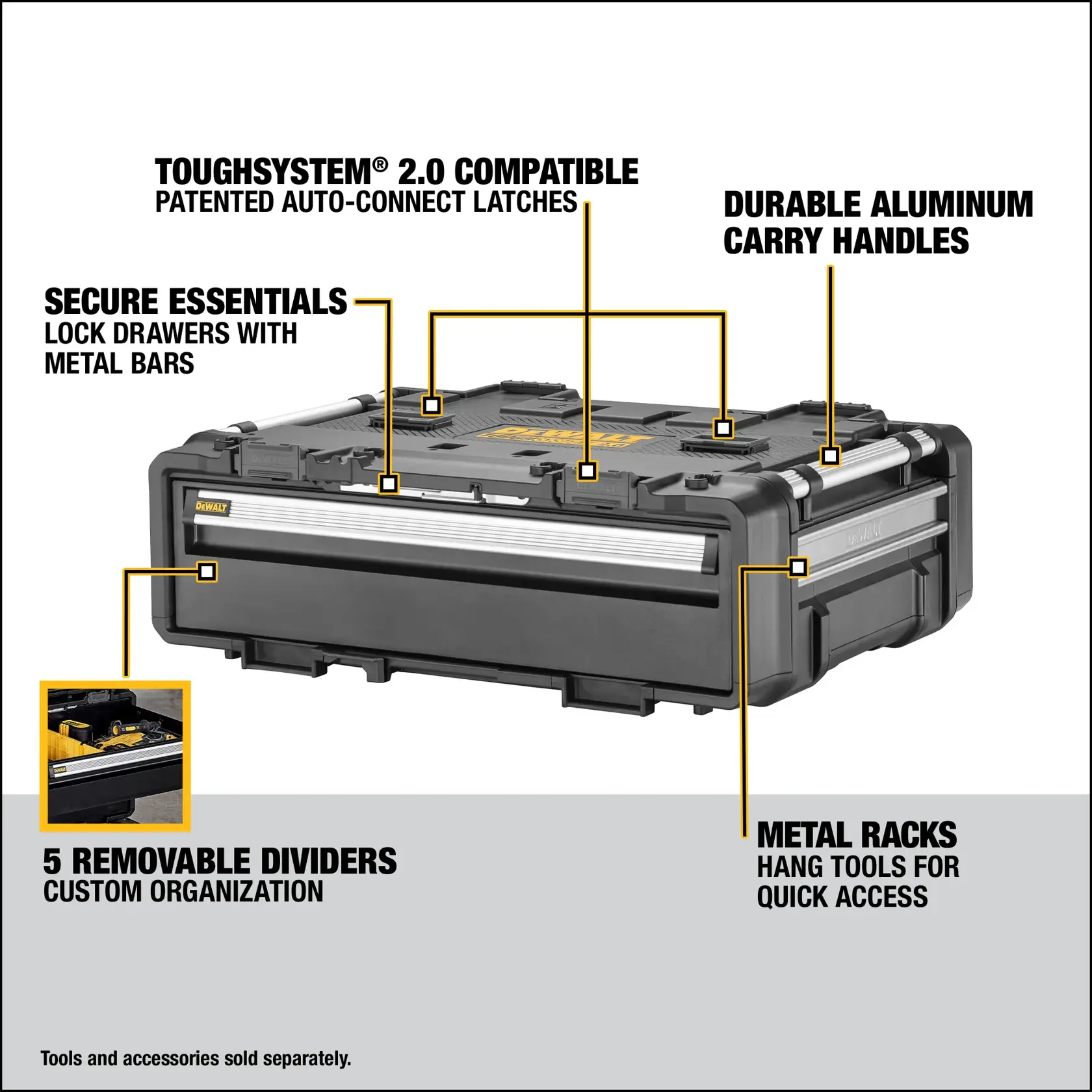 Image of the DEWALT DWST08510 ToughSystem tool box, highlighting features including ToughSystem 2.0 compatibility with patented auto-connect latches, lockable drawers with metal bars for secure essentials, durable aluminum carry handles, metal racks for hanging tools, and five removable dividers for custom organization. Note mentions that tools and accessories are sold separately.