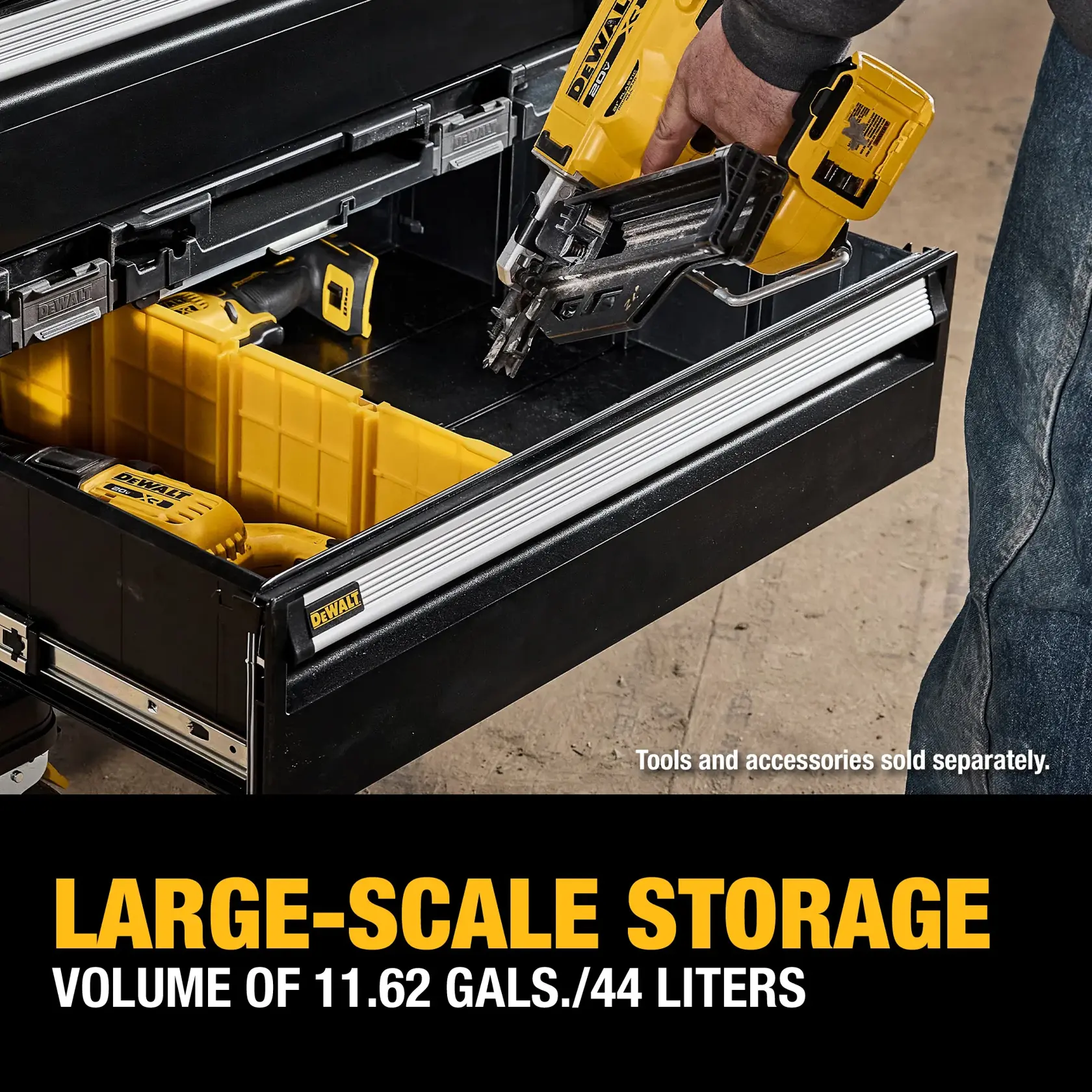 A DEWALT storage drawer with yellow dividers and power tools, showcasing large-scale storage capacity of 11.62 gallons or 44 liters. A person is placing a DEWALT tool inside the drawer. Text at the bottom highlights the storage volume. Tools and accessories are sold separately.