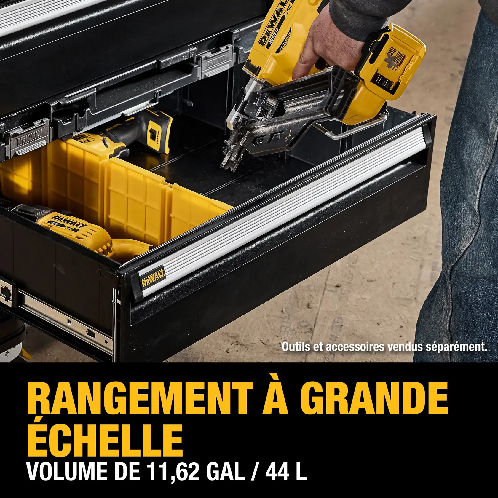 Image of the DEWALT DWST08510 ToughSystem tool box, highlighting features including ToughSystem 2.0 compatibility with patented auto-connect latches, lockable drawers with metal bars for secure essentials, durable aluminum carry handles, metal racks for hanging tools, and five removable dividers for custom organization. Note mentions that tools and accessories are sold separately.
