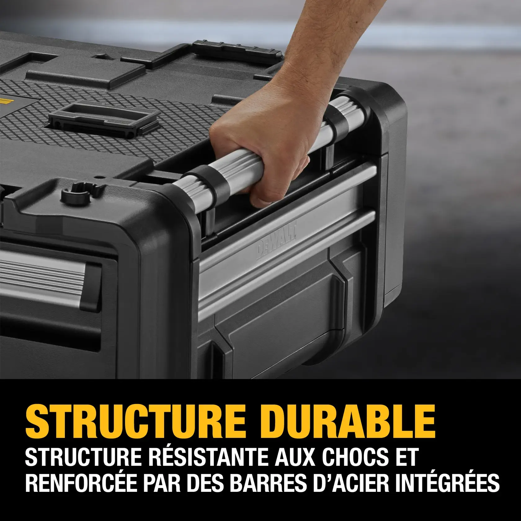 A DEWALT storage drawer with yellow dividers and power tools, showcasing large-scale storage capacity of 11.62 gallons or 44 liters. A person is placing a DEWALT tool inside the drawer. Text at the bottom highlights the storage volume. Tools and accessories are sold separately.