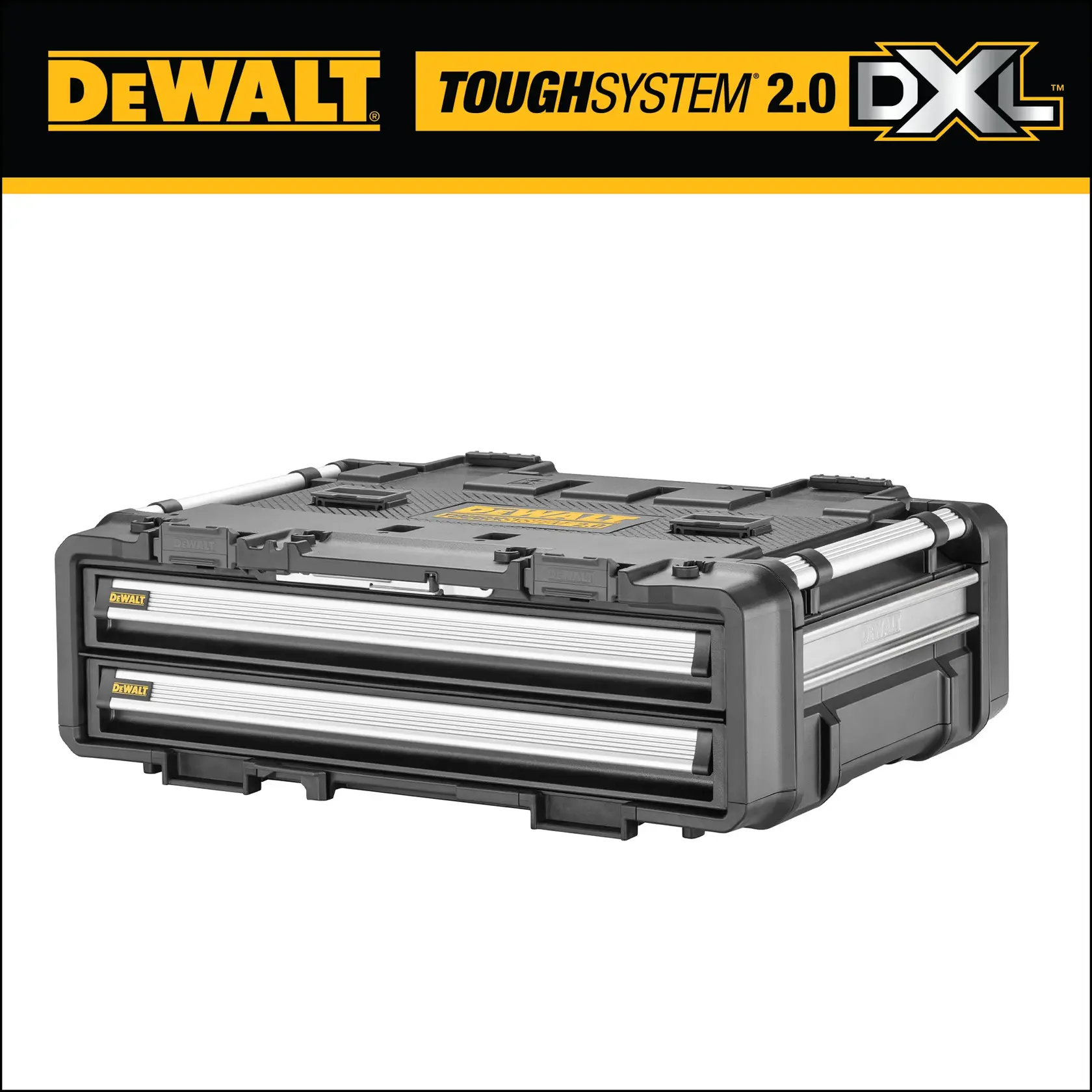 DEWALT ToughSystem 2.0 DXL storage box with two drawers, shown in black and silver, designed for durable tool and equipment storage.