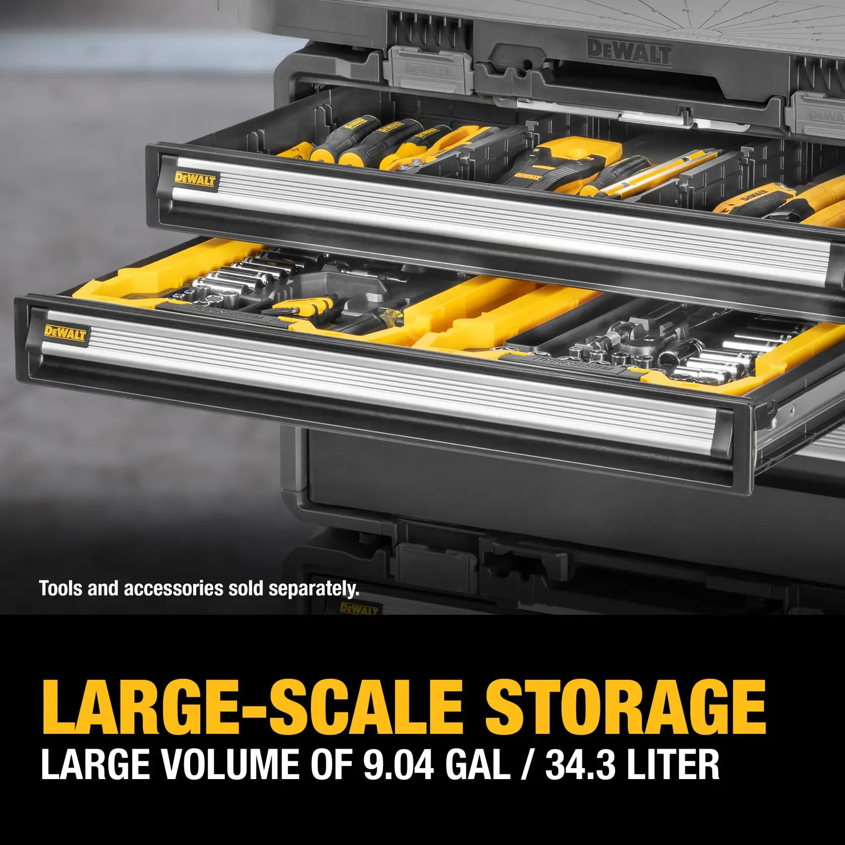 Close-up view of a DEWALT large-scale storage unit with two open drawers filled with hand tools and accessories. The drawers feature yellow organizers. Text on the image highlights a large volume of 9.04 gallons or 34.3 liters. It also notes that tools and accessories are sold separately.