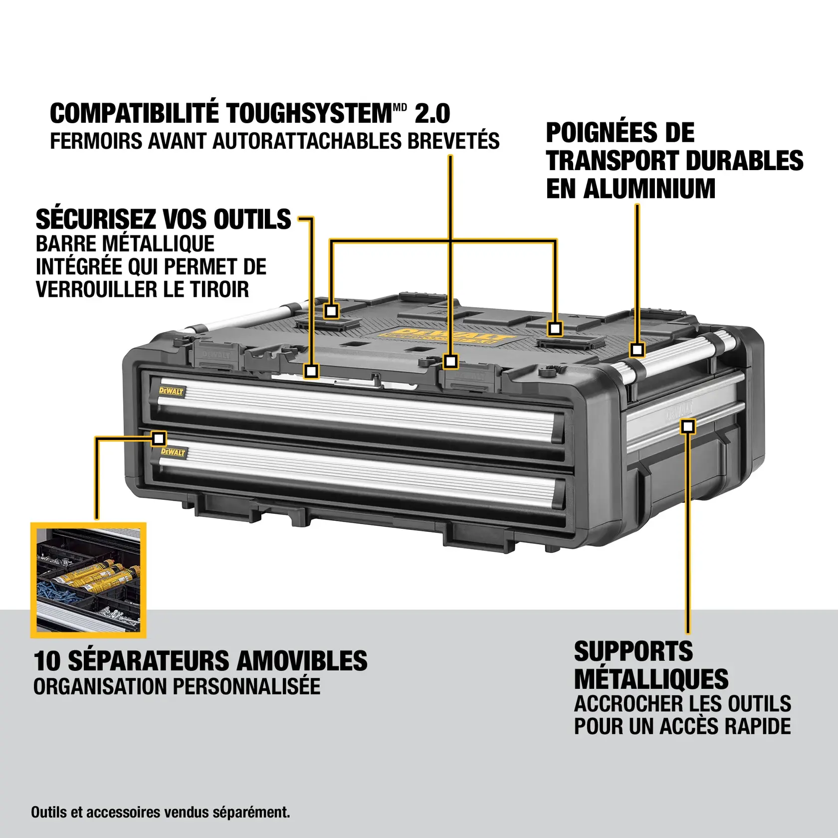 DEWALT ToughSystem 2.0 DXL storage box with two drawers, shown in black and silver, designed for durable tool and equipment storage.
