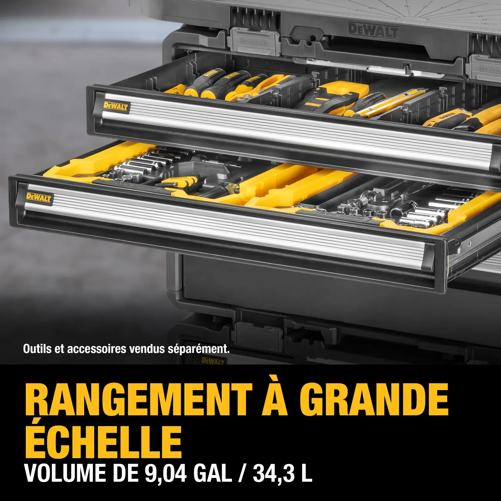 DEWALT DWST08520 ToughSystem 2.0 compatible tool storage drawer unit with patented auto-connect latches, durable aluminum carry handles, secure locking drawers with metal bars, 10 removable dividers for custom organization, and metal racks for hanging tools. Tools and accessories are sold separately.