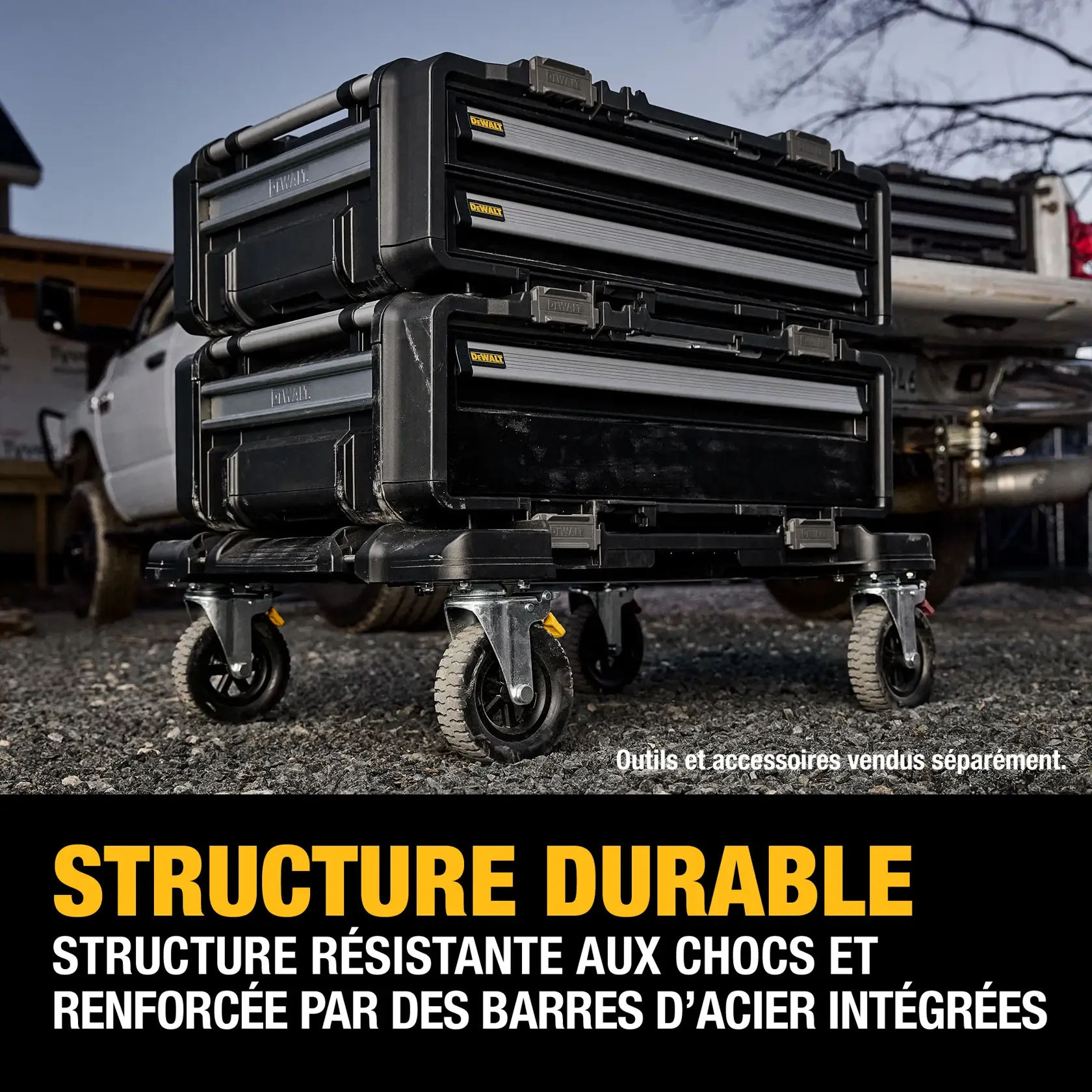 Close-up view of a DEWALT large-scale storage unit with two open drawers filled with hand tools and accessories. The drawers feature yellow organizers. Text on the image highlights a large volume of 9.04 gallons or 34.3 liters. It also notes that tools and accessories are sold separately.