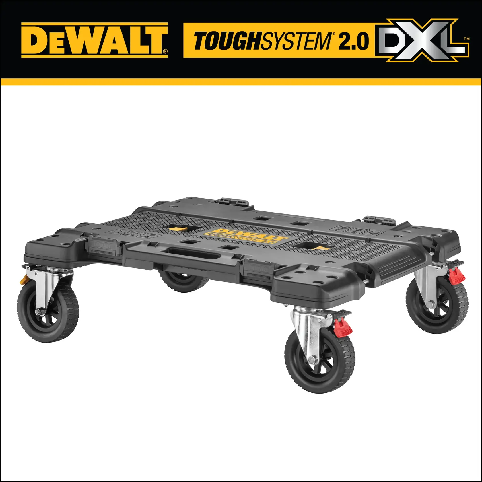 DEWALT ToughSystem 2.0 DXL durable rolling dolly platform with four caster wheels, designed for carrying and transporting heavy toolboxes and equipment.