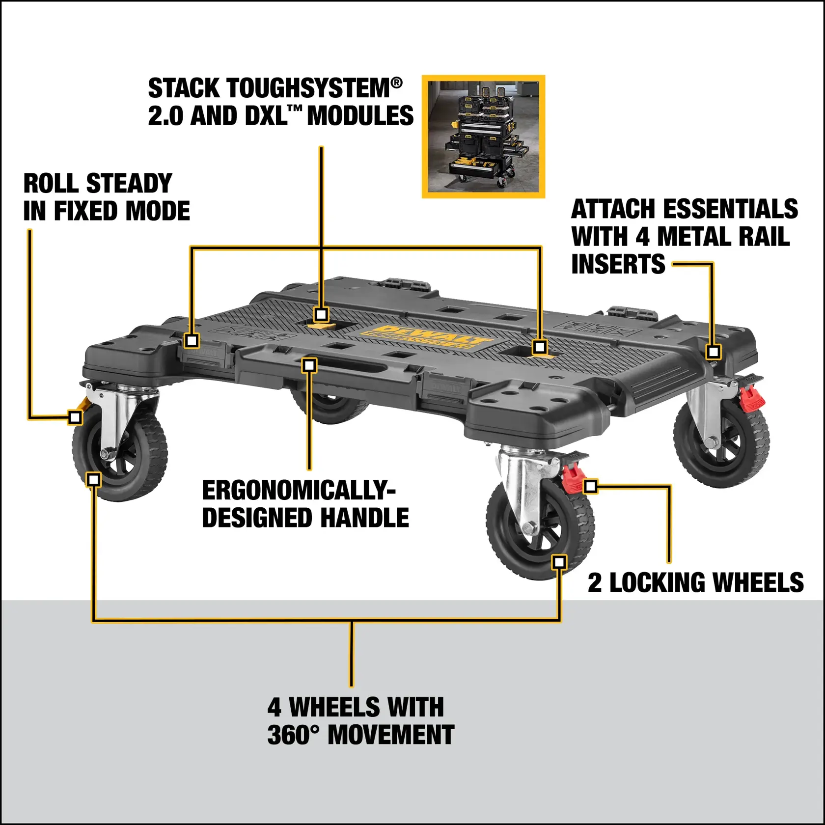 Image of a DEWALT mobile dolly cart, SKU DWST08530, used for transporting and stacking ToughSystem 2.0 and DXL modules. Features highlighted include an ergonomically-designed handle, four wheels with 360-degree movement, two locking wheels, roll steady in fixed mode, four metal rail inserts for attaching essentials, and a reference photo showing modules stacked on the dolly.