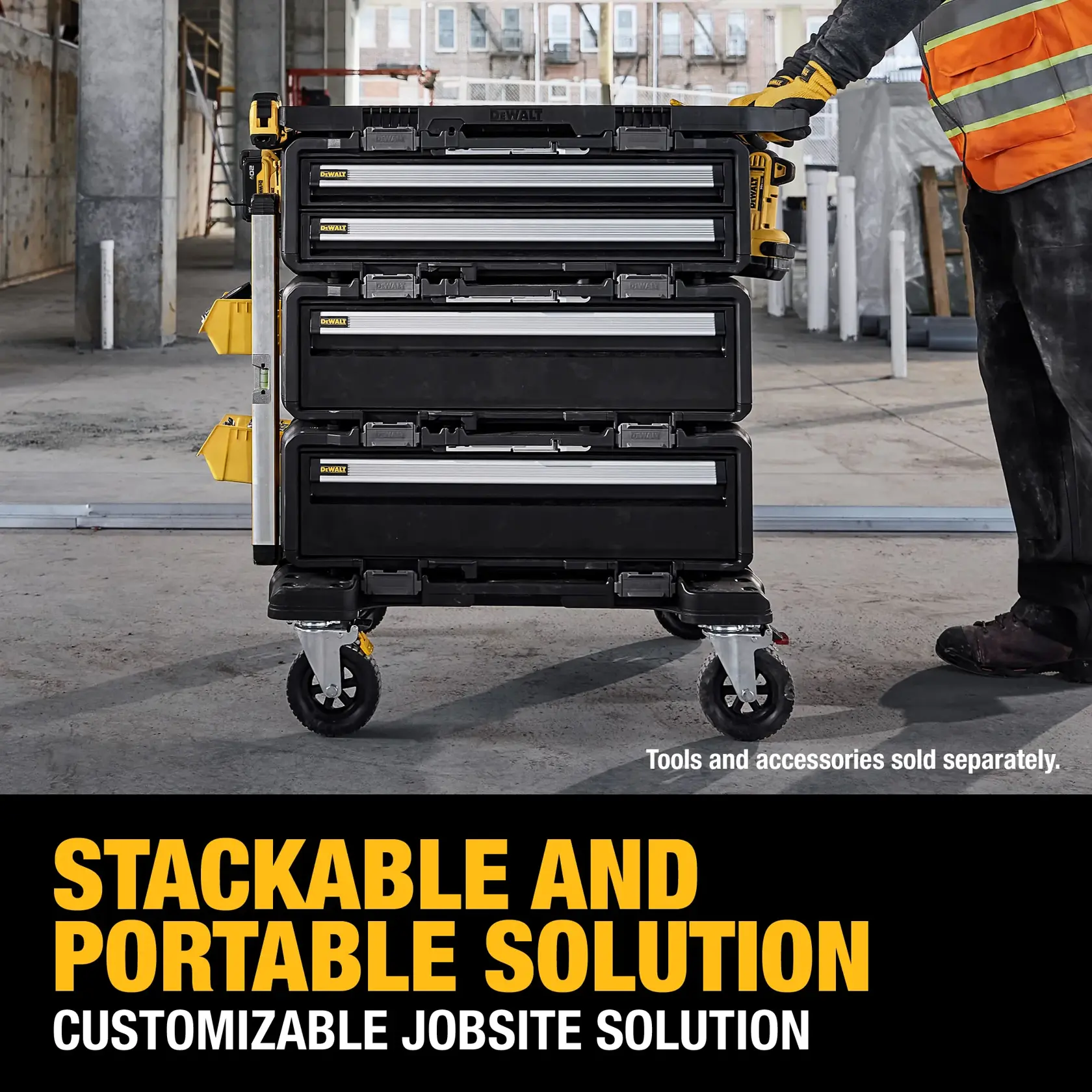 A DEWALT stackable and portable tool storage unit (SKU: DWST08530) with multiple drawers and wheels, shown in a jobsite setting. A worker in a safety vest and gloves stands beside the unit. The image also features promotional text highlighting the customizable jobsite solution.