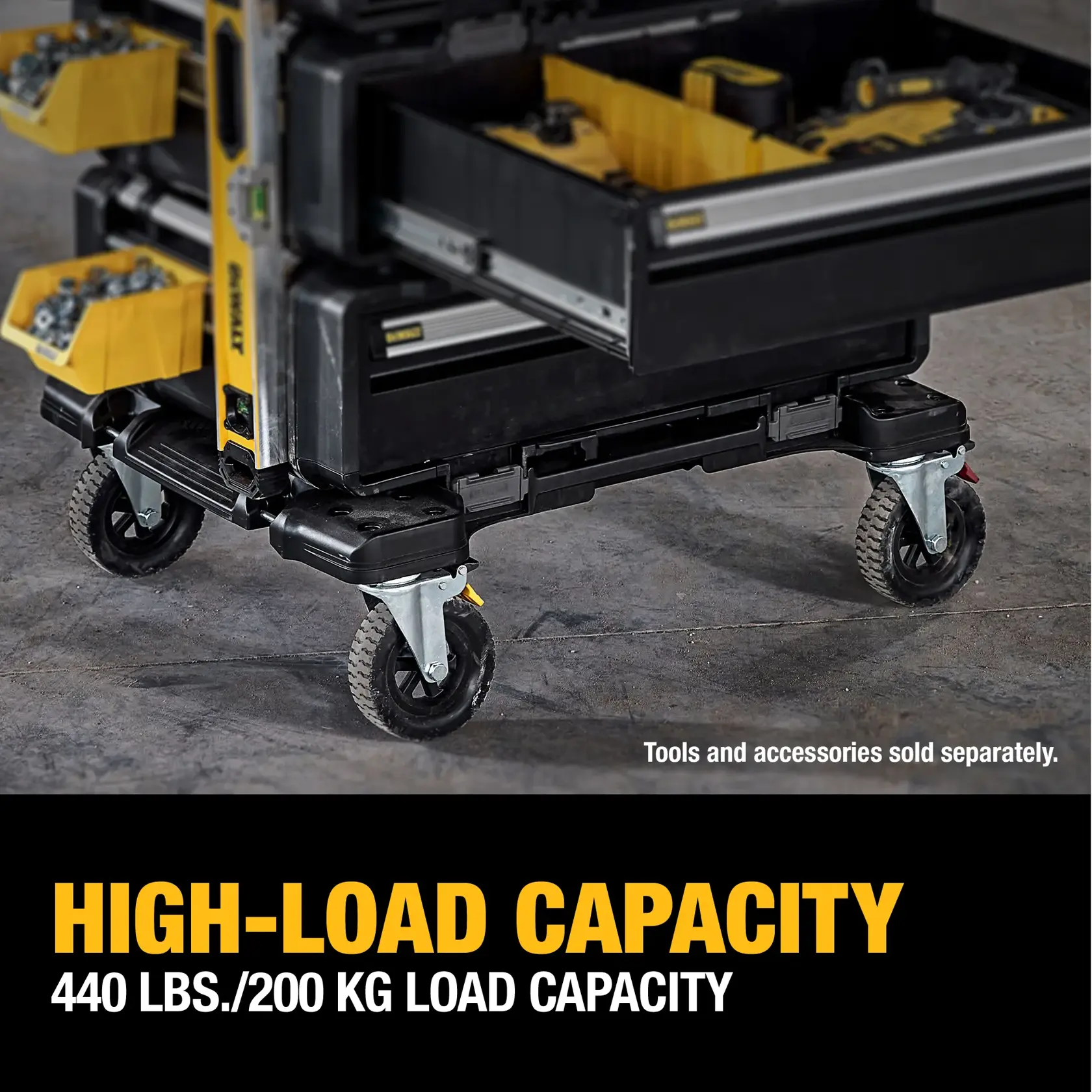 A DEWALT mobile tool storage system with black drawers and yellow bins, mounted on heavy-duty swivel caster wheels. The image highlights the high-load capacity of 440 lbs (200 kg). Tools and accessories are shown inside the bins and drawers, and are sold separately.
