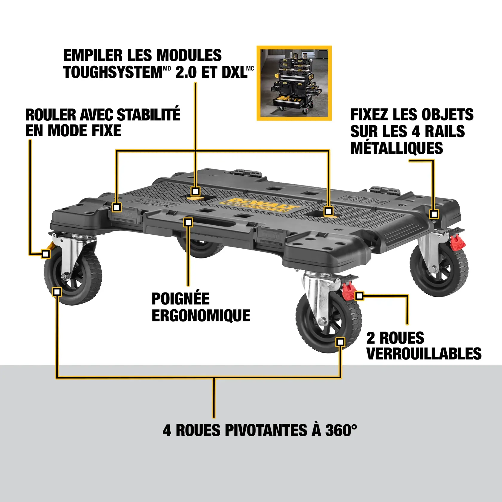 DEWALT ToughSystem 2.0 DXL durable rolling dolly platform with four caster wheels, designed for carrying and transporting heavy toolboxes and equipment.