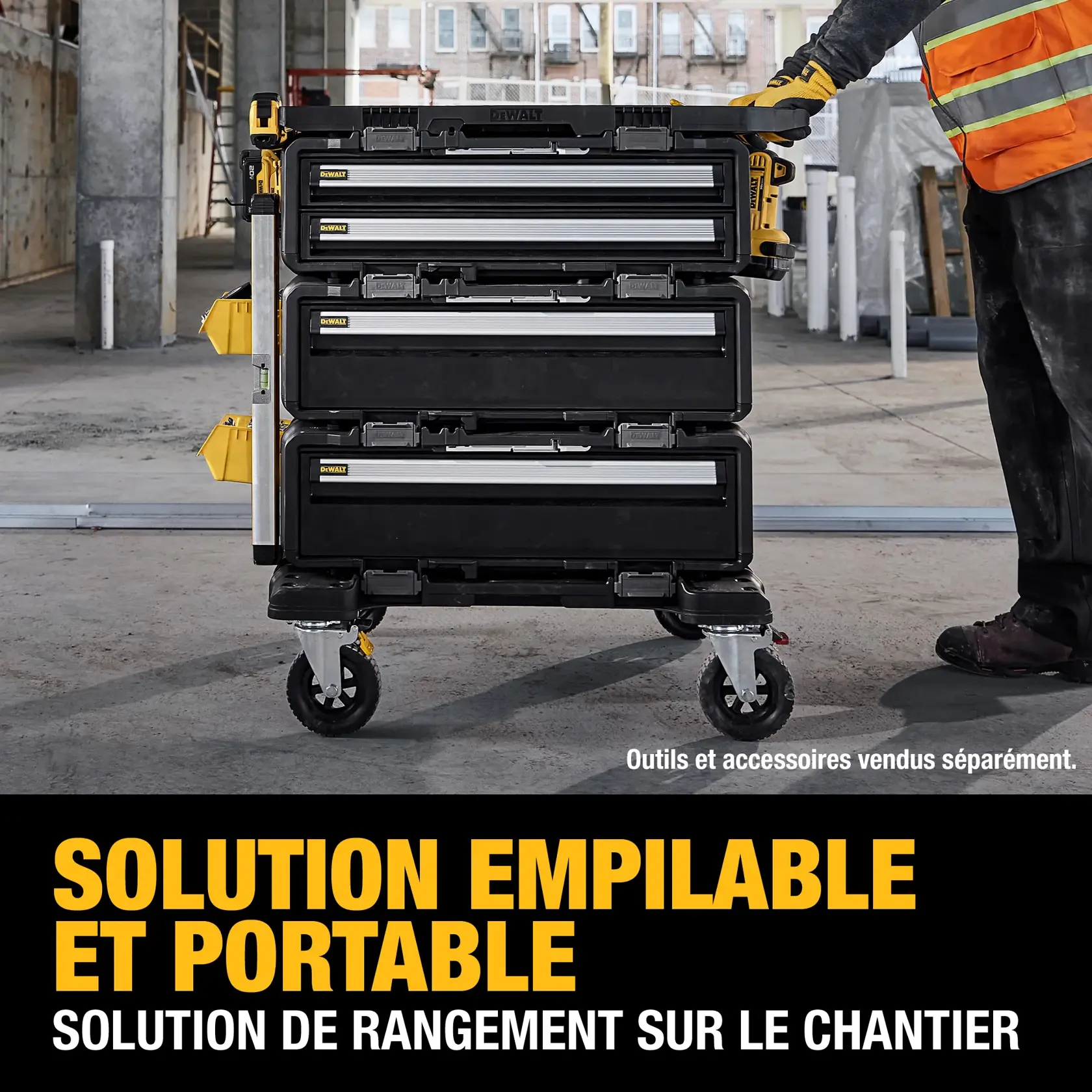 Image of a DEWALT mobile dolly cart, SKU DWST08530, used for transporting and stacking ToughSystem 2.0 and DXL modules. Features highlighted include an ergonomically-designed handle, four wheels with 360-degree movement, two locking wheels, roll steady in fixed mode, four metal rail inserts for attaching essentials, and a reference photo showing modules stacked on the dolly.