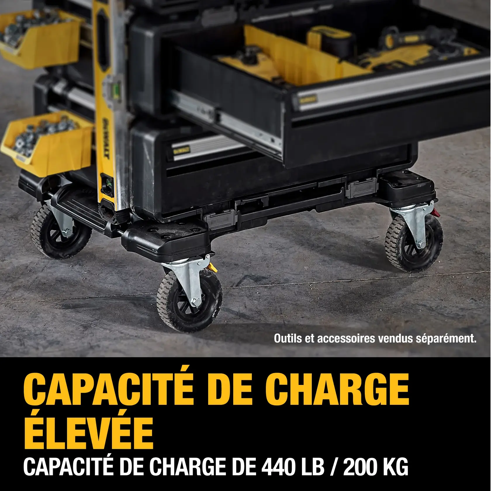 A DEWALT stackable and portable tool storage unit (SKU: DWST08530) with multiple drawers and wheels, shown in a jobsite setting. A worker in a safety vest and gloves stands beside the unit. The image also features promotional text highlighting the customizable jobsite solution.