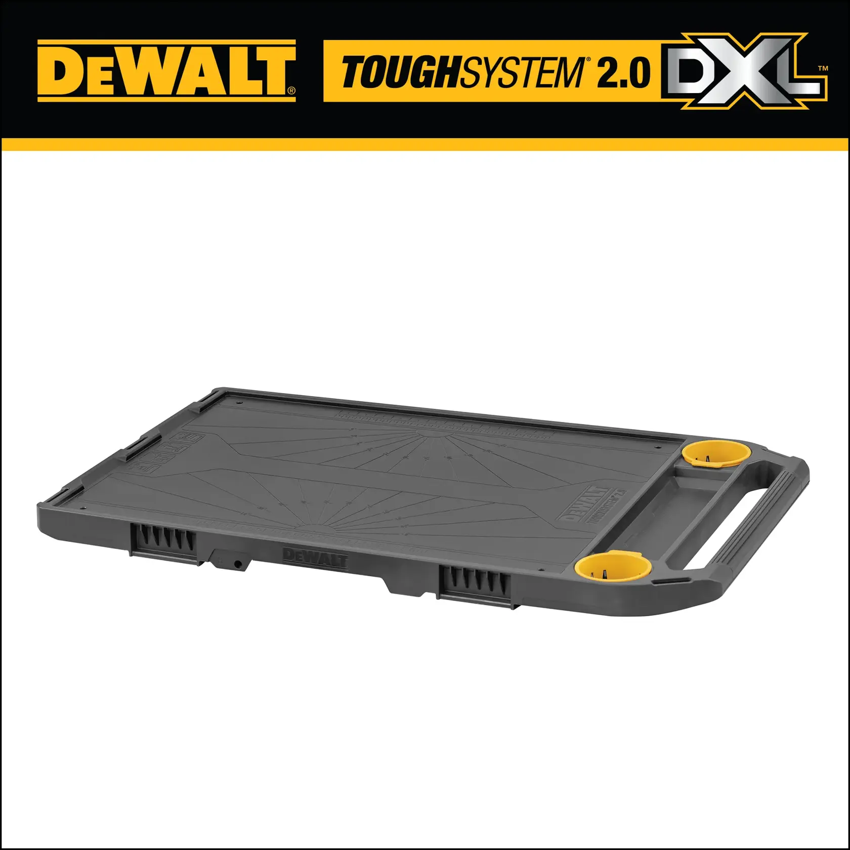 DEWALT ToughSystem 2.0 DXL SKU DWST08550 shown as a heavy-duty, rectangular black platform with a handle and two yellow circular features, designed for carrying and organizing tools.