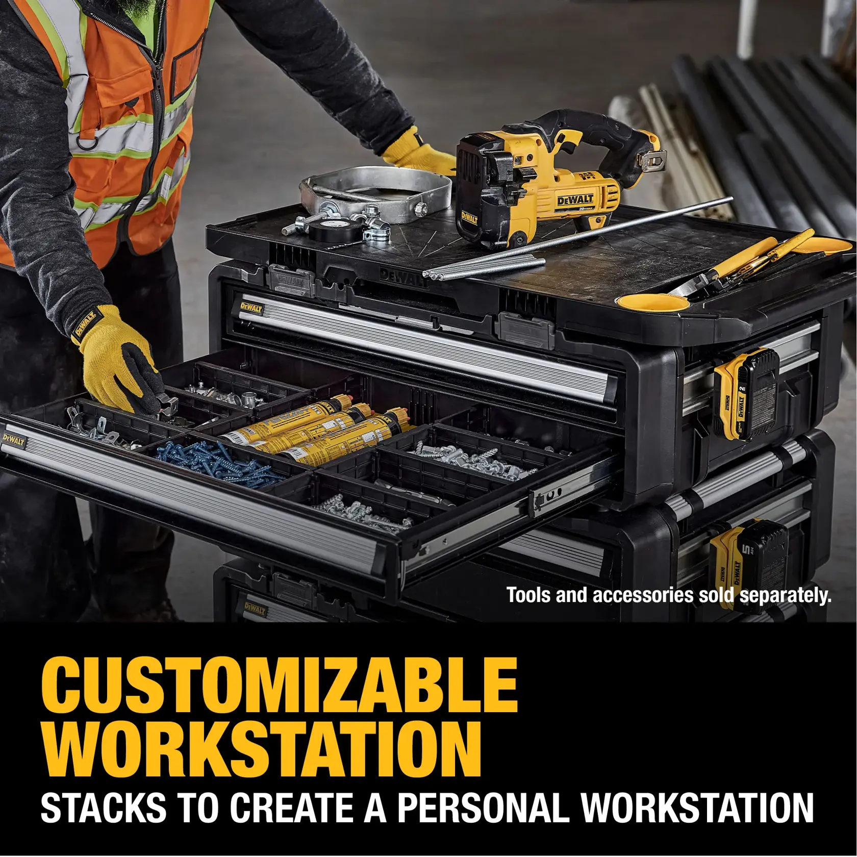A DEWALT customizable workstation with stackable modular drawers, shown with various tools and hardware organized inside. A person wearing safety gear is opening one of the drawers. Tools and accessories are displayed on top and inside the workstation. Text reads 'Customizable Workstation. Stacks to create a personal workstation.'