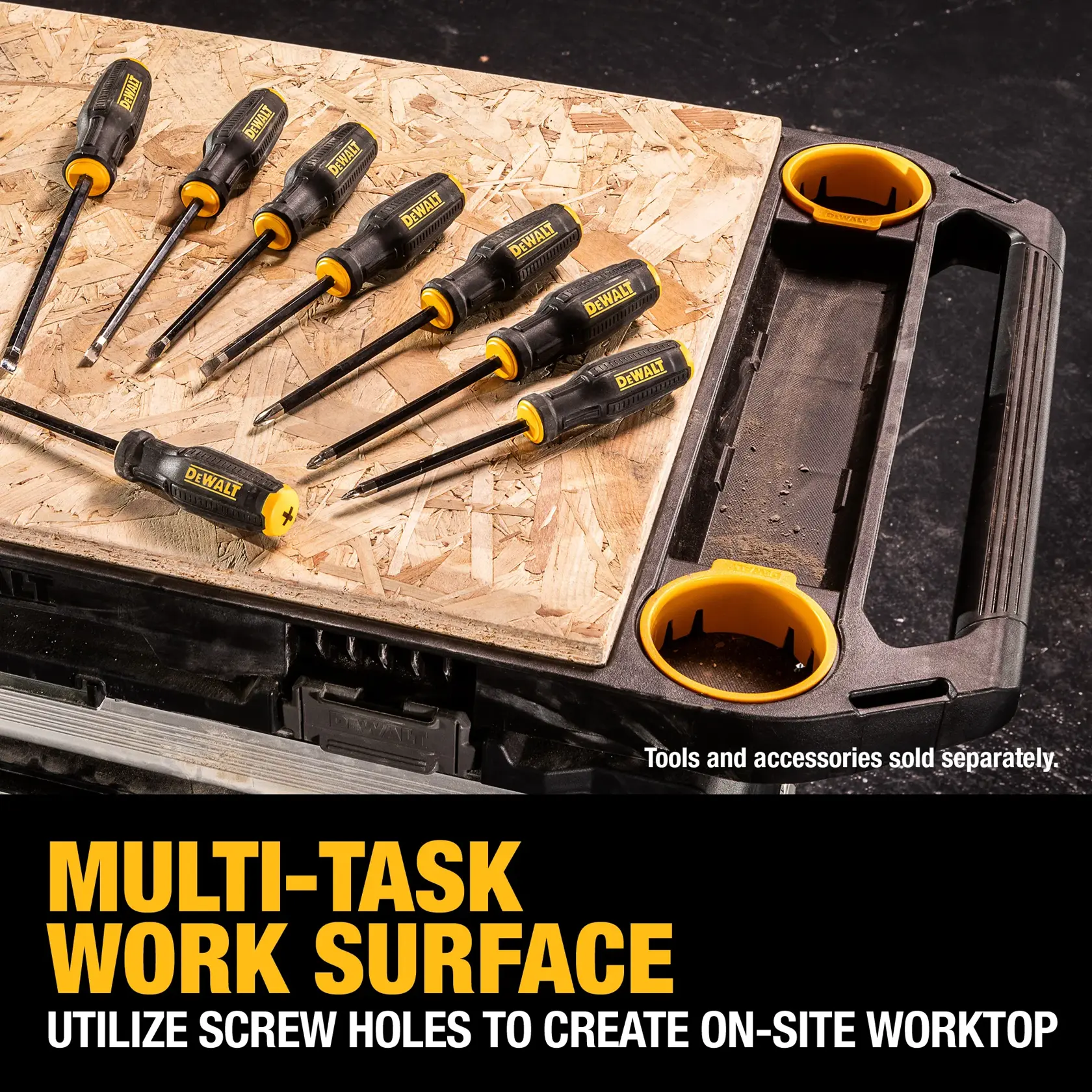 A DEWALT work surface with multiple screwdrivers arranged on a wooden board. The worktop features labeled screw holes for attaching accessories. Text on the image reads: 'MULTI-TASK WORK SURFACE. Utilize screw holes to create on-site worktop.' Tools and accessories are shown separately.