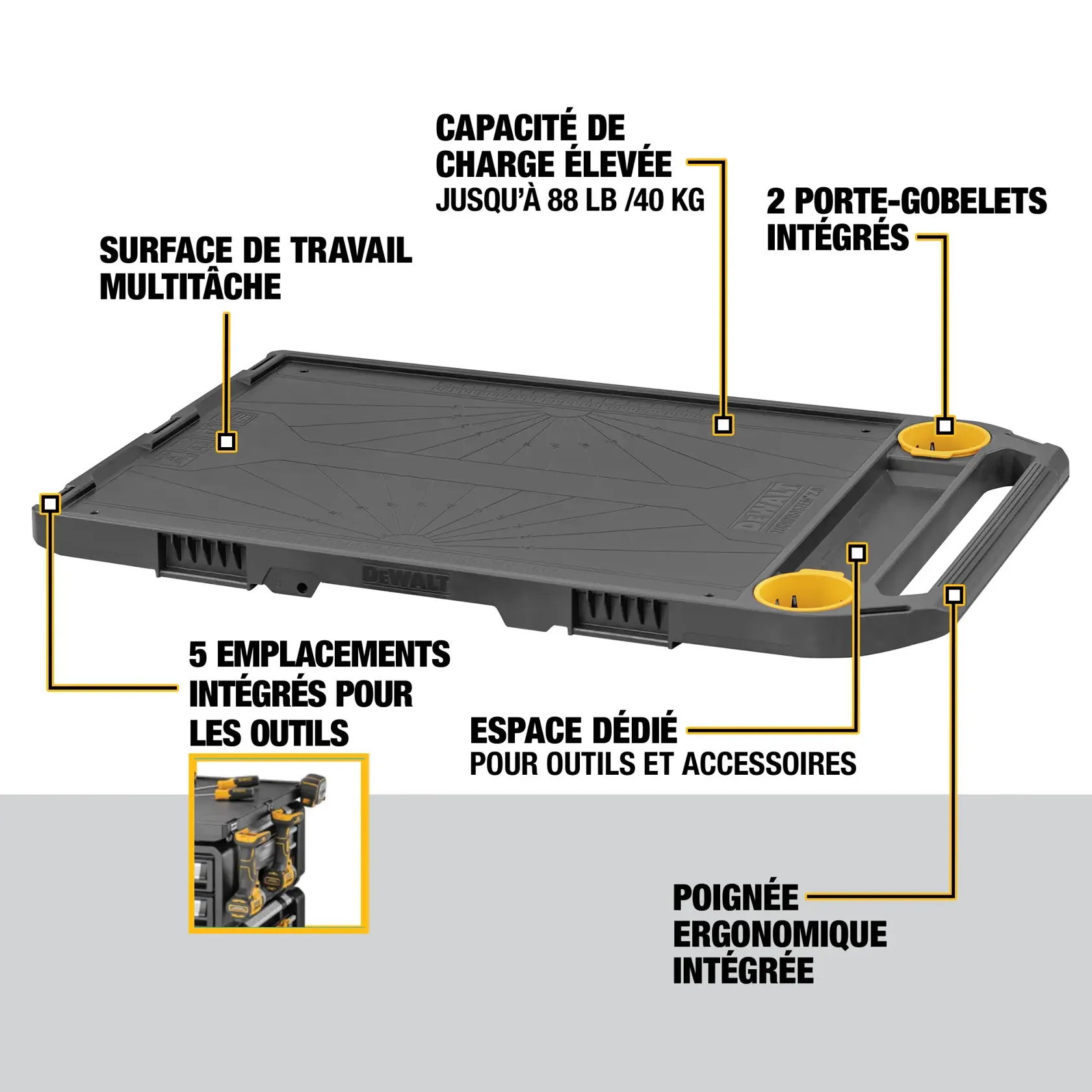 DEWALT ToughSystem 2.0 DXL SKU DWST08550 shown as a heavy-duty, rectangular black platform with a handle and two yellow circular features, designed for carrying and organizing tools.