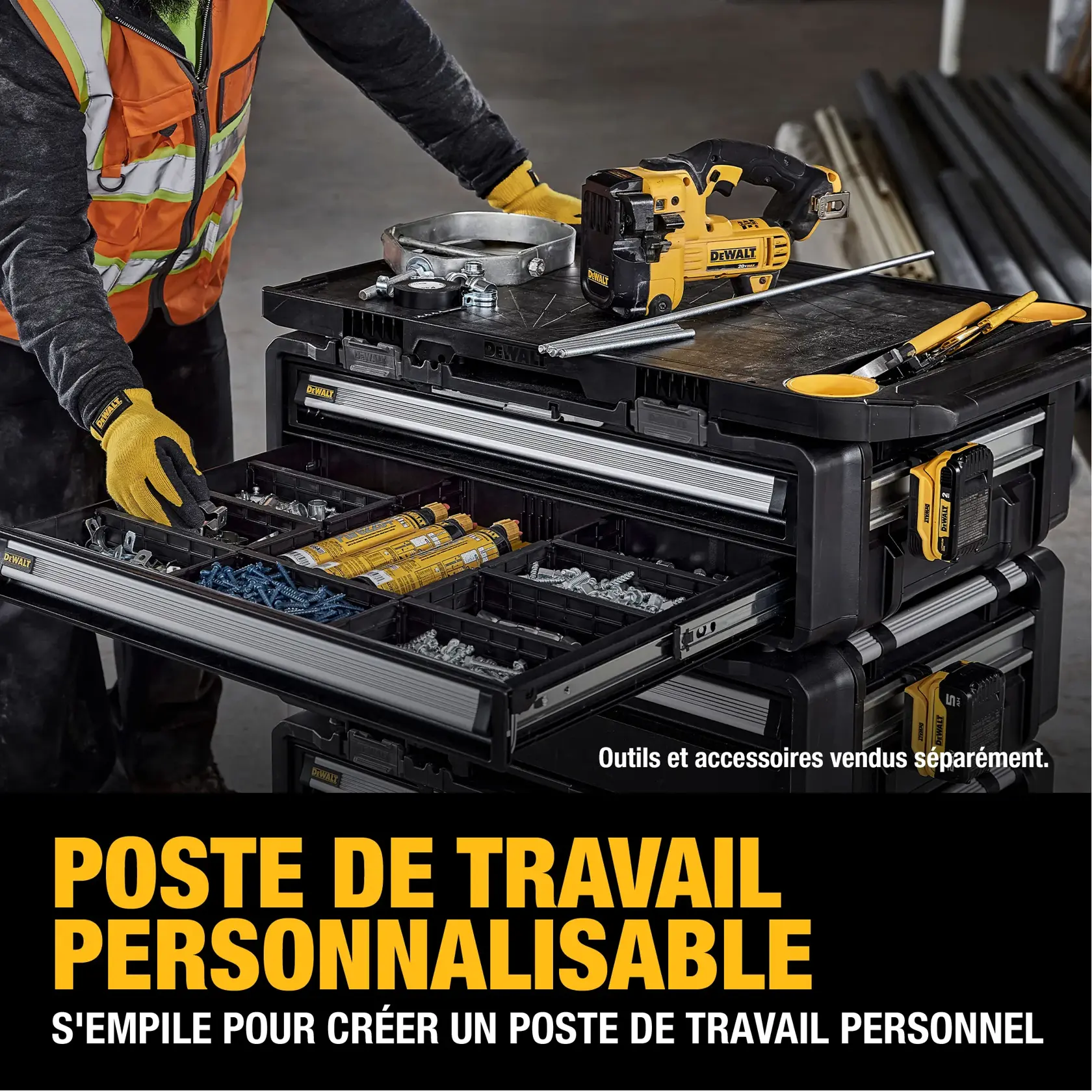 DEWALT SKU DWST08550 multi-task work surface in black and yellow with heavy load capacity up to 88 lbs / 40 kg, two integrated cup holders, five integrated tool slots, a dedicated area for tools and accessories, and a built-in ergonomically designed handle.