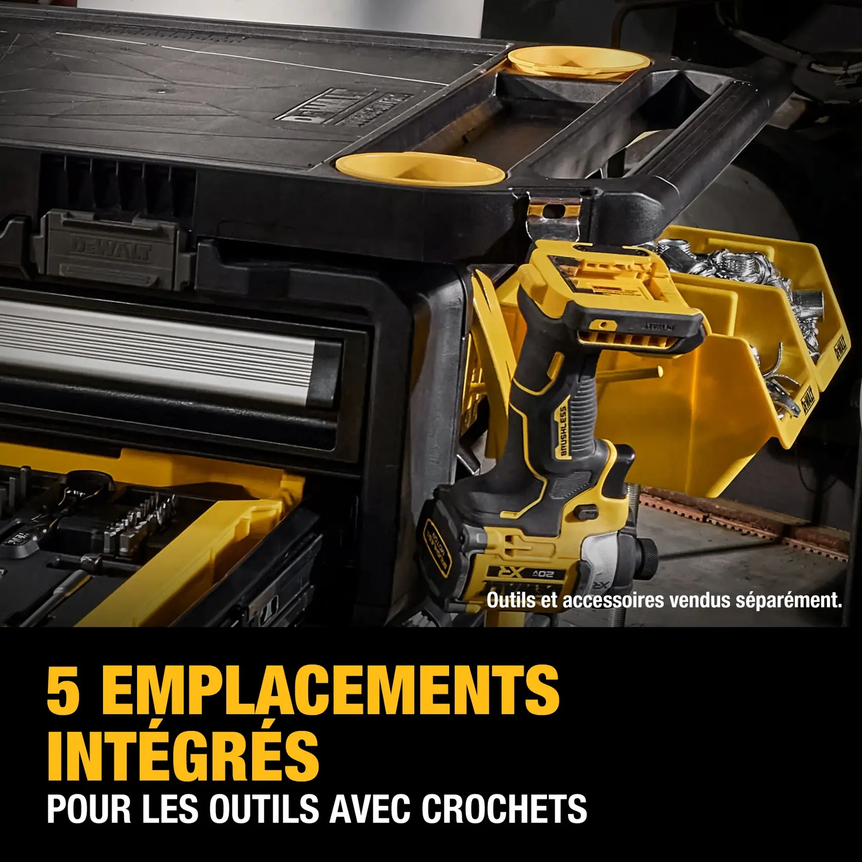 A DEWALT work surface with multiple screwdrivers arranged on a wooden board. The worktop features labeled screw holes for attaching accessories. Text on the image reads: 'MULTI-TASK WORK SURFACE. Utilize screw holes to create on-site worktop.' Tools and accessories are shown separately.