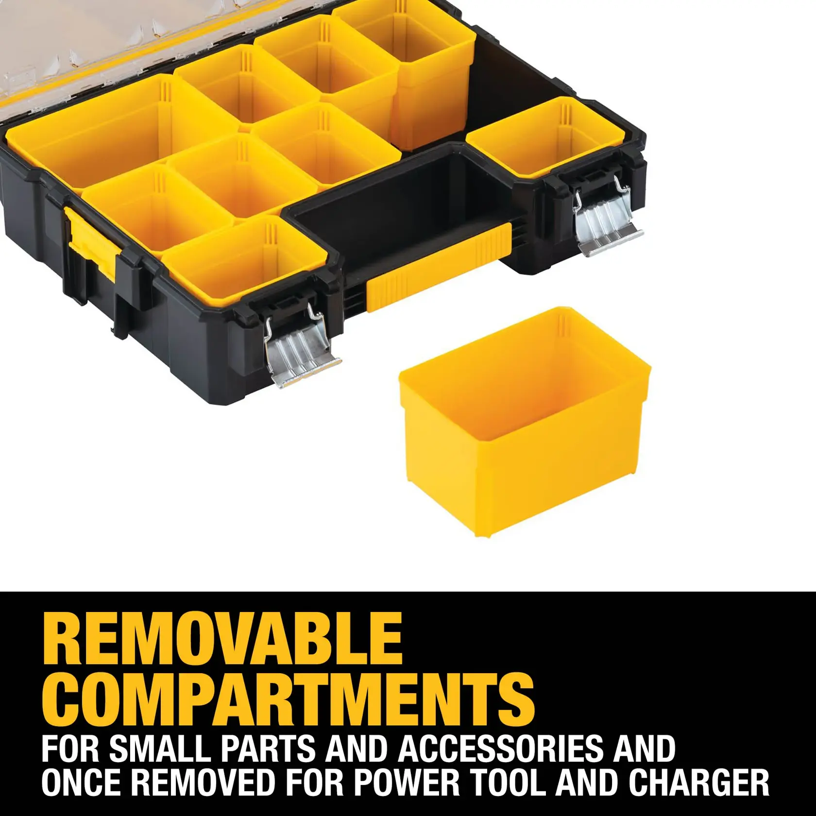 A DEWALT organizer box with multiple removable yellow compartments for storing small parts and accessories. One compartment is shown outside the box. The text highlights the removable feature for organizing tools.