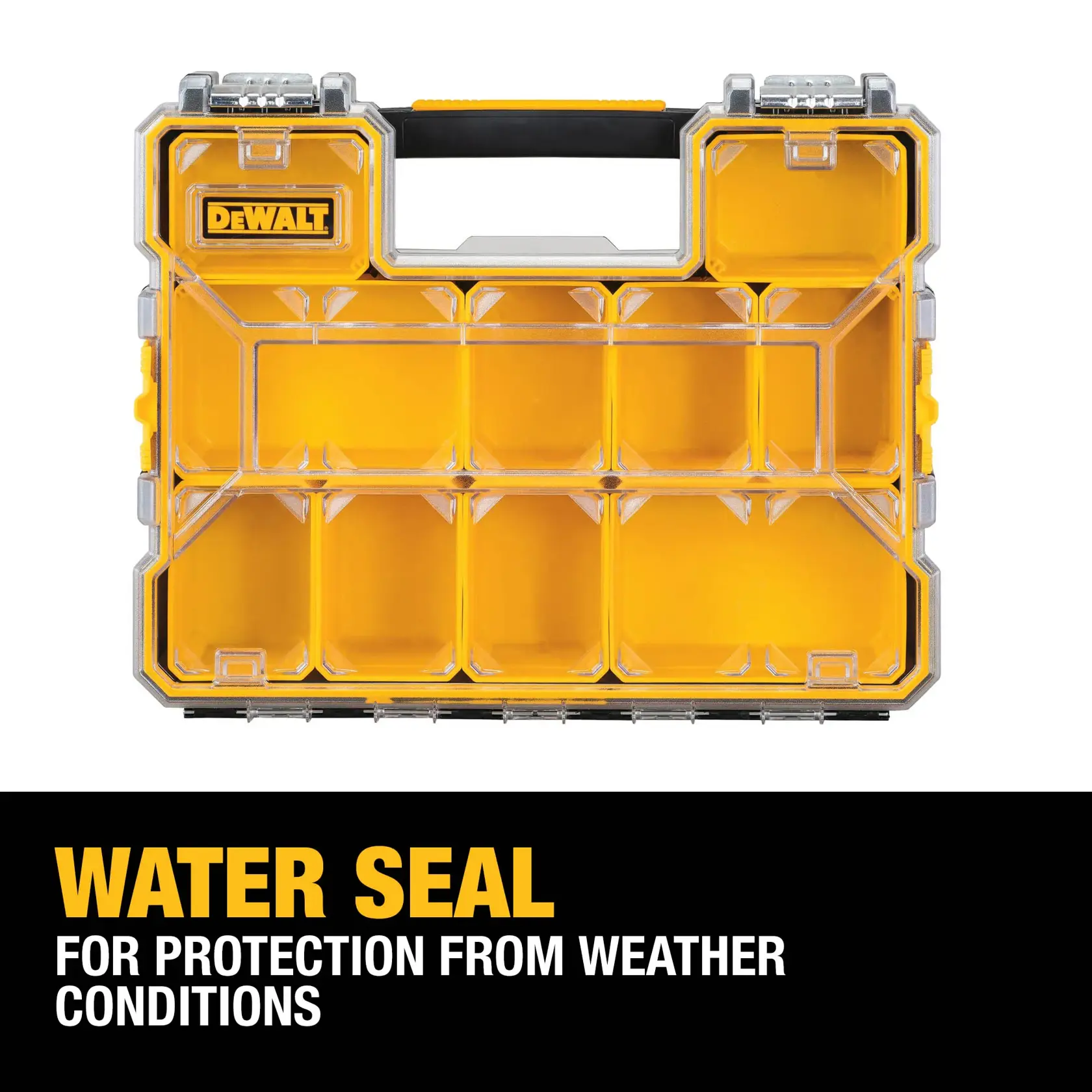 DEWALT yellow and transparent plastic organizer case with multiple compartments and a black handle, shown with a label indicating water seal protection from weather conditions.