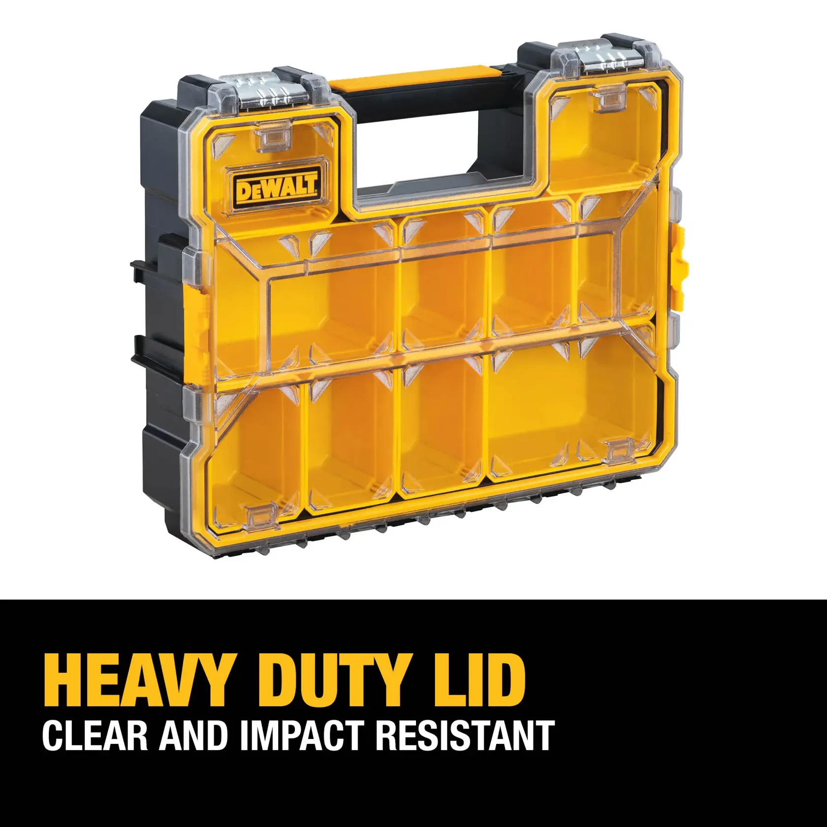 A DEWALT branded plastic organizer box with a clear, impact-resistant heavy duty lid and yellow compartments, designed for securely storing small tools or parts.