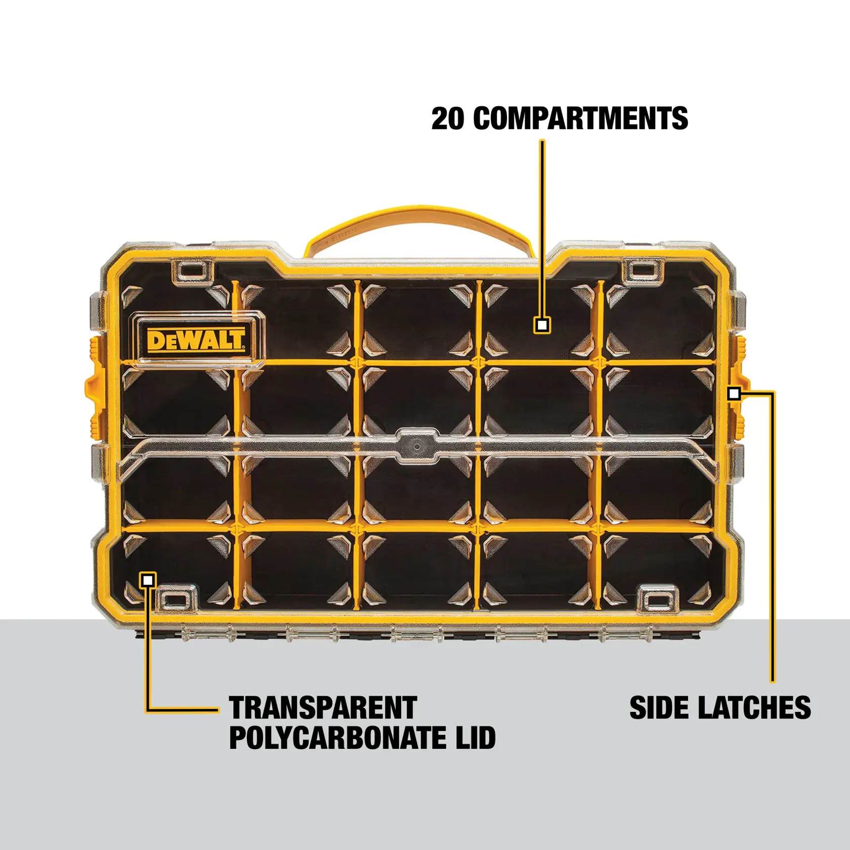 DEWALT organizer case with 20 compartments, a transparent polycarbonate lid, and side latches for secure closure.