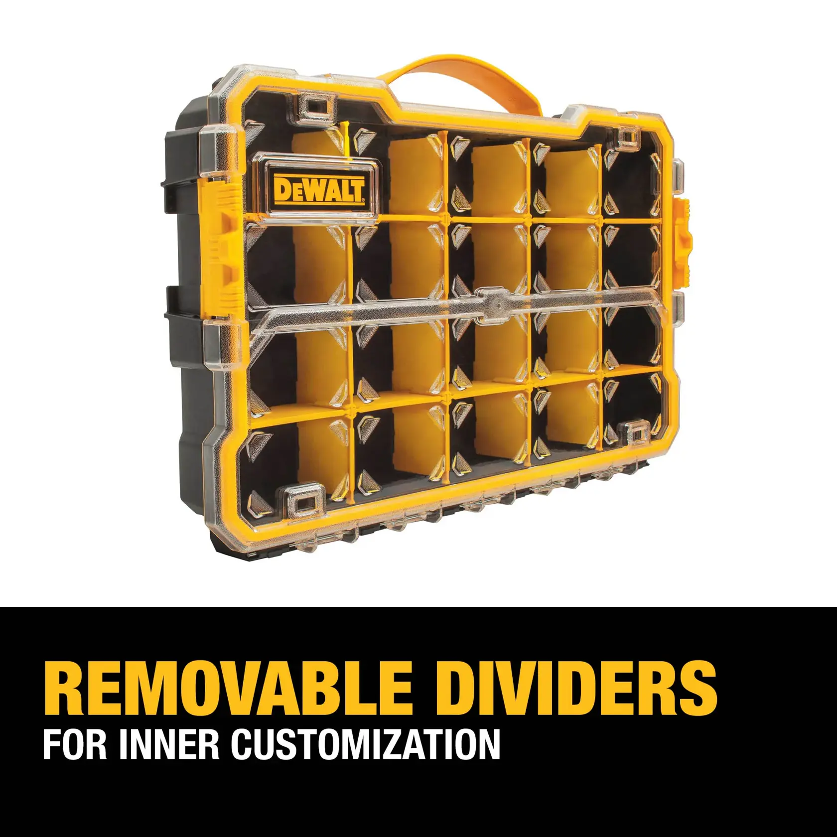 DEWALT branded plastic organizer case with multiple compartments and removable dividers for inner customization, shown with an orange handle. Text reads 'Removable Dividers for Inner Customization.'