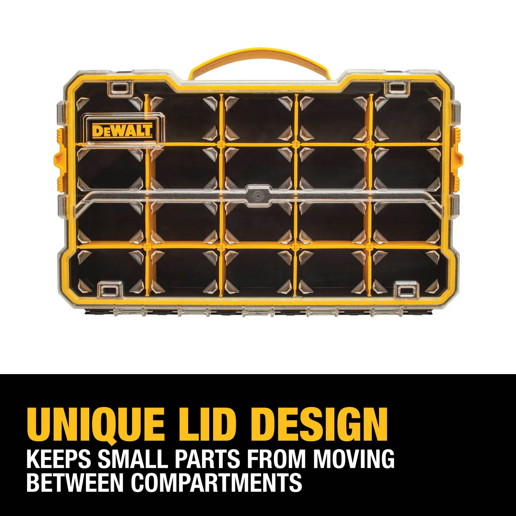 A DEWALT branded organizer box with a transparent lid and yellow accents. The lid features a unique design that prevents small parts from moving between compartments. Below the organizer, text reads: 'Unique lid design keeps small parts from moving between compartments.'