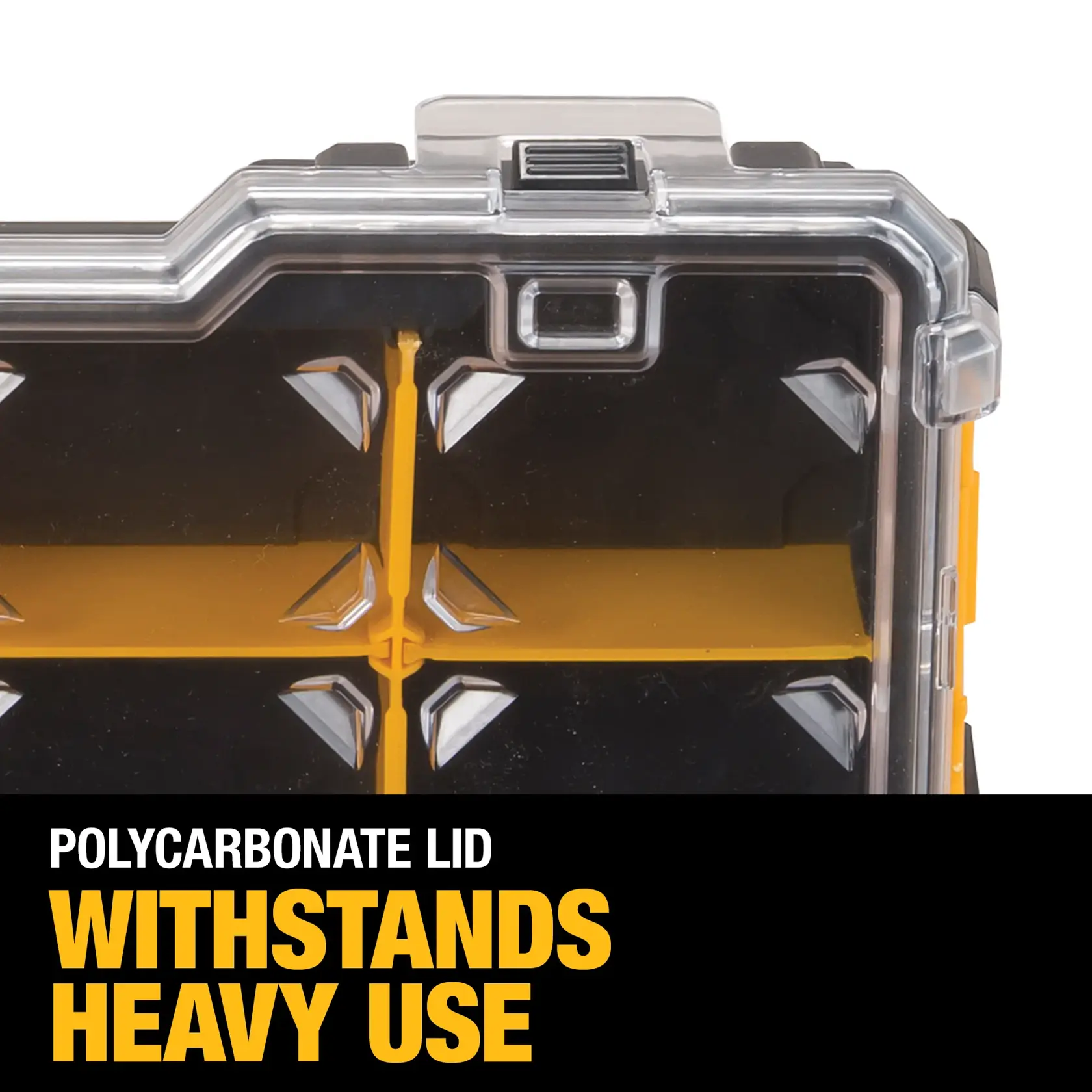 Close-up image of a DEWALT storage organizer with a clear polycarbonate lid, featuring yellow compartments inside. Text on the image states 'Polycarbonate Lid Withstands Heavy Use.'