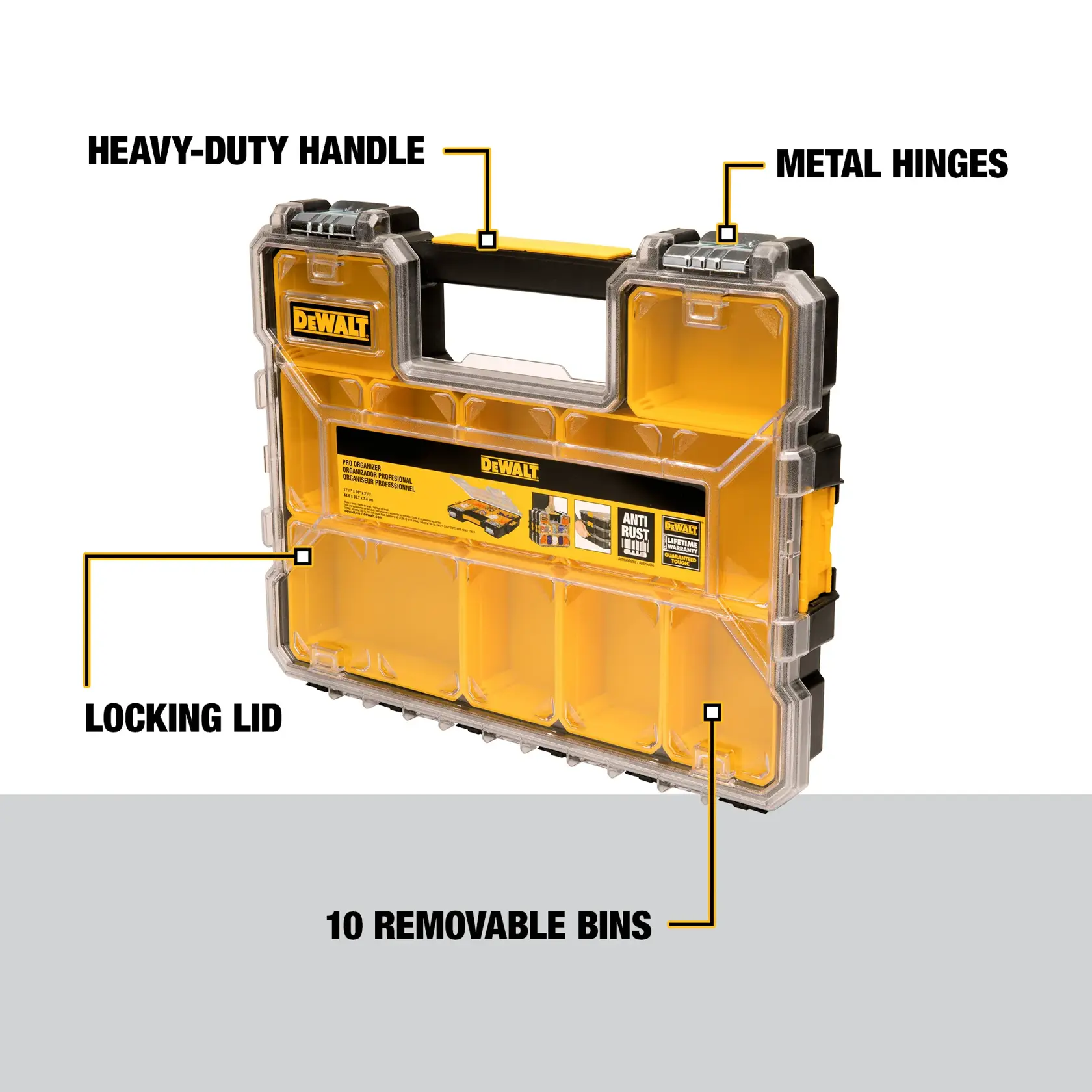 A DEWALT organizer case featuring a heavy-duty handle, metal hinges, a locking lid, and 10 removable bins. The case is mostly yellow with a transparent lid and black DEWALT branding.