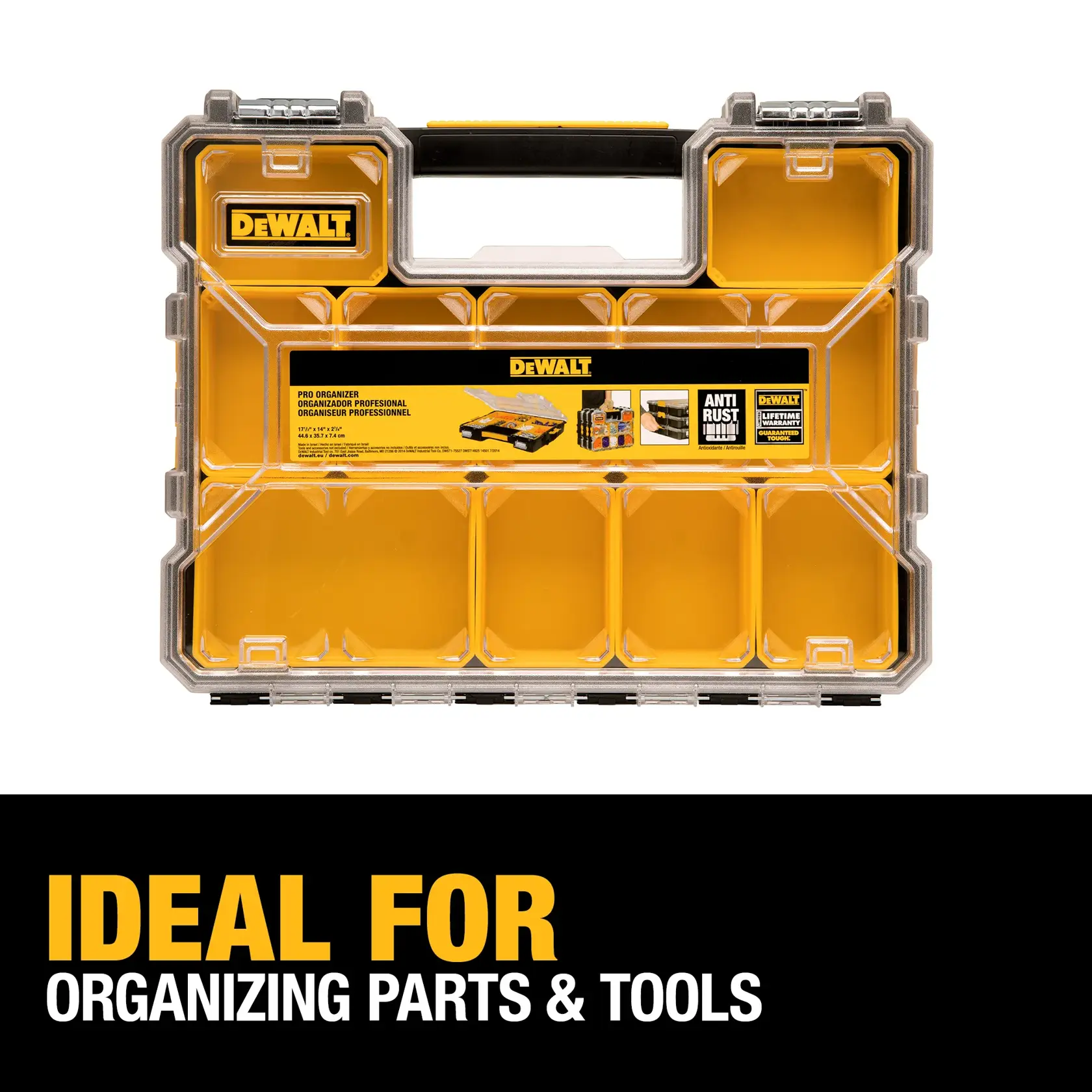 DEWALT pro organizer storage case with multiple compartments for organizing parts and tools. The product is shown with a clear lid and yellow interior, and promotional text below reads 'Ideal for organizing parts & tools.'