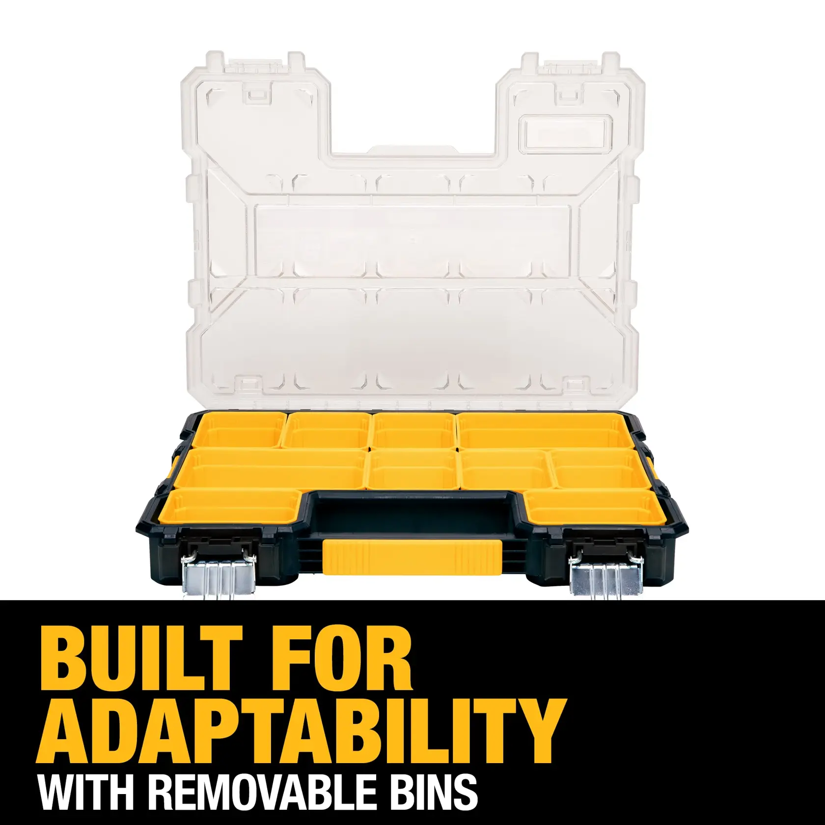 DEWALT plastic organizer box with a clear lid, featuring multiple yellow removable bins for adaptable storage. The text below states: 'Built for adaptability with removable bins.'