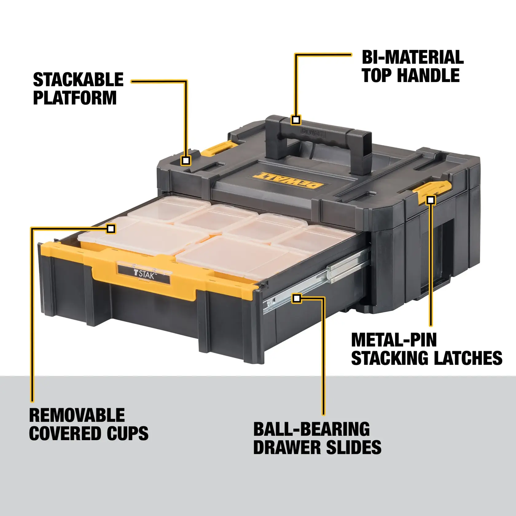 A DEWALT portable storage organizer box featuring a bi-material top handle, stackable platform, metal-pin stacking latches, removable covered cups in the drawer, and ball-bearing drawer slides.