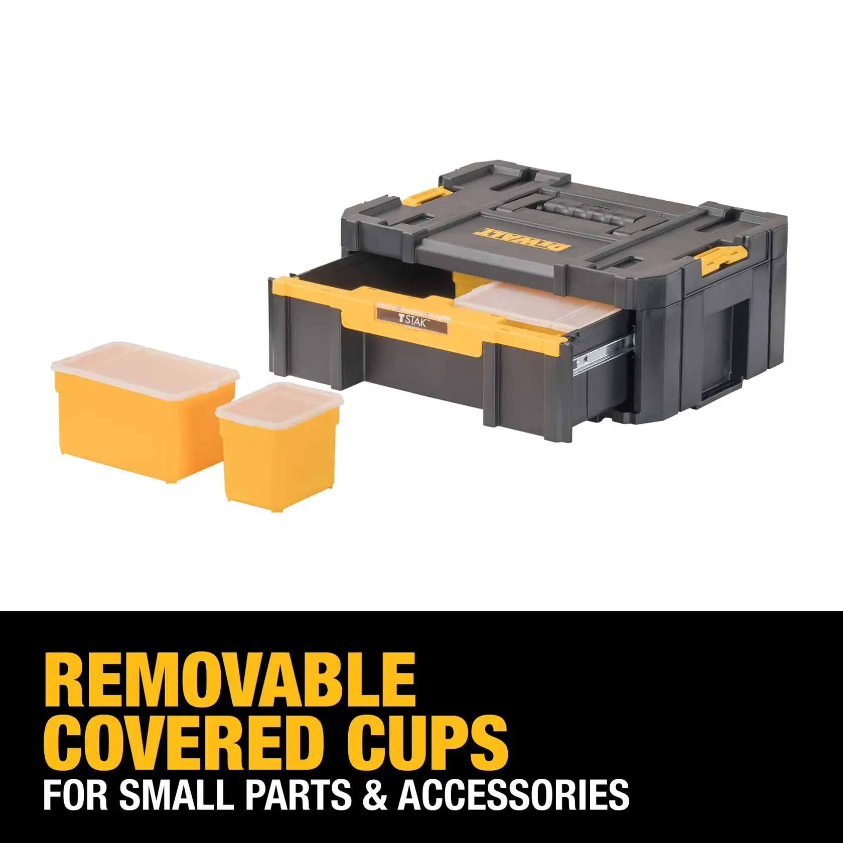A DEWALT storage box with removable covered cups, shown open with two yellow and clear plastic containers for organizing small parts and accessories.
