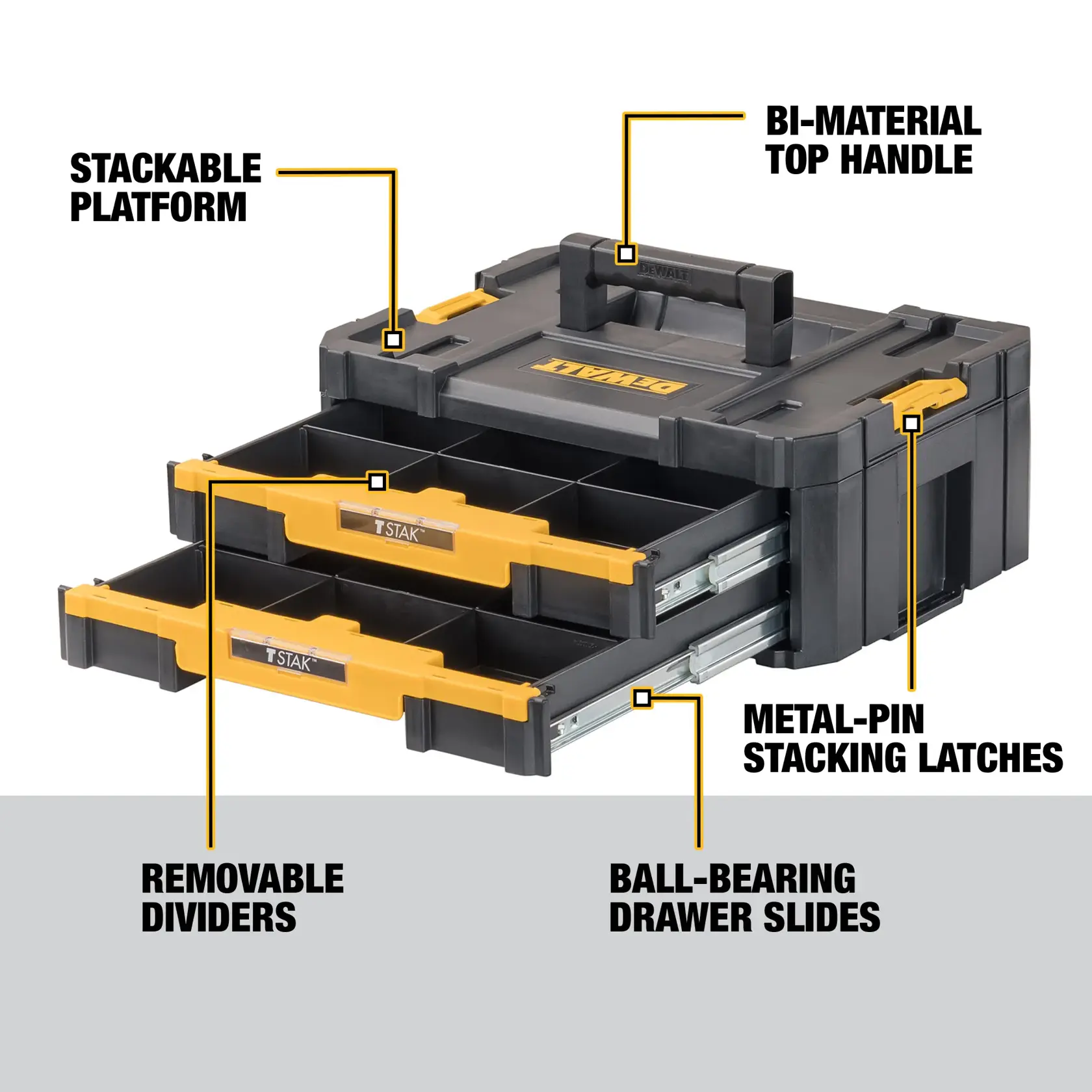 DEWALT DWST17804 stackable tool storage box with two drawers, removable dividers, bi-material top handle, metal-pin stacking latches, and ball-bearing drawer slides. Features are labelled in the image.