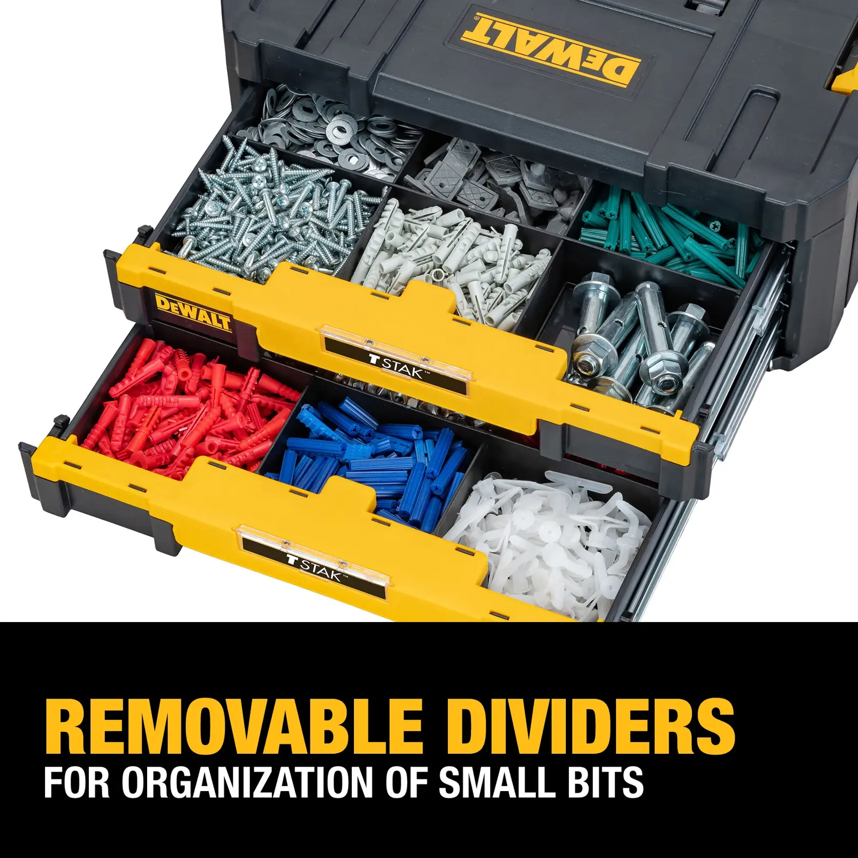 A DEWALT storage organizer with removable yellow dividers, showing two open drawers filled with various small hardware items like screws, bolts, and colored plastic anchors. Text on the image reads: 'Removable dividers for organization of small bits.'
