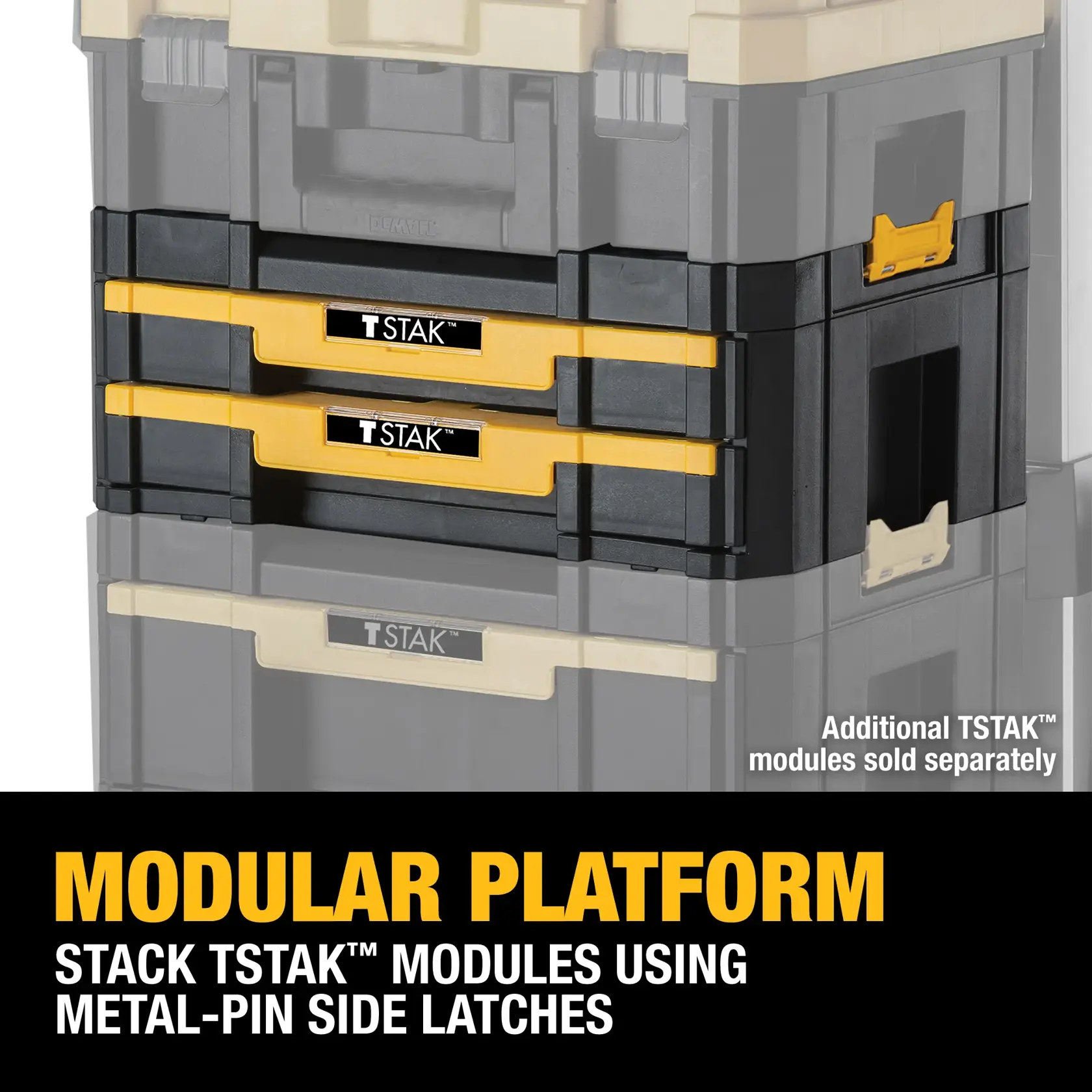 Close-up image of DEWALT TSTAK modular tool storage drawers, emphasizing the stackable platform and metal-pin side latches for connecting multiple modules. Text highlights modular platform features, and notes that additional TSTAK modules are sold separately.