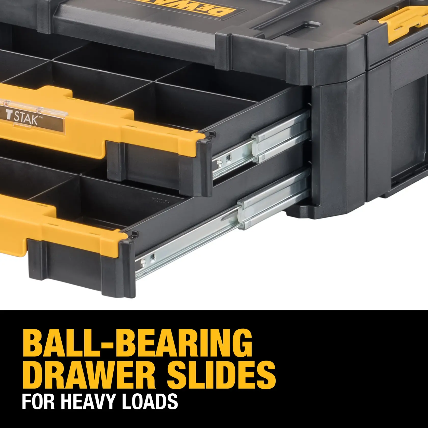 Close-up of a DEWALT tool storage organizer with two open drawers featuring ball-bearing slides, designed for heavy loads. The drawers have yellow handles and internal compartments. Text at the bottom reads: 'Ball-bearing drawer slides for heavy loads.'