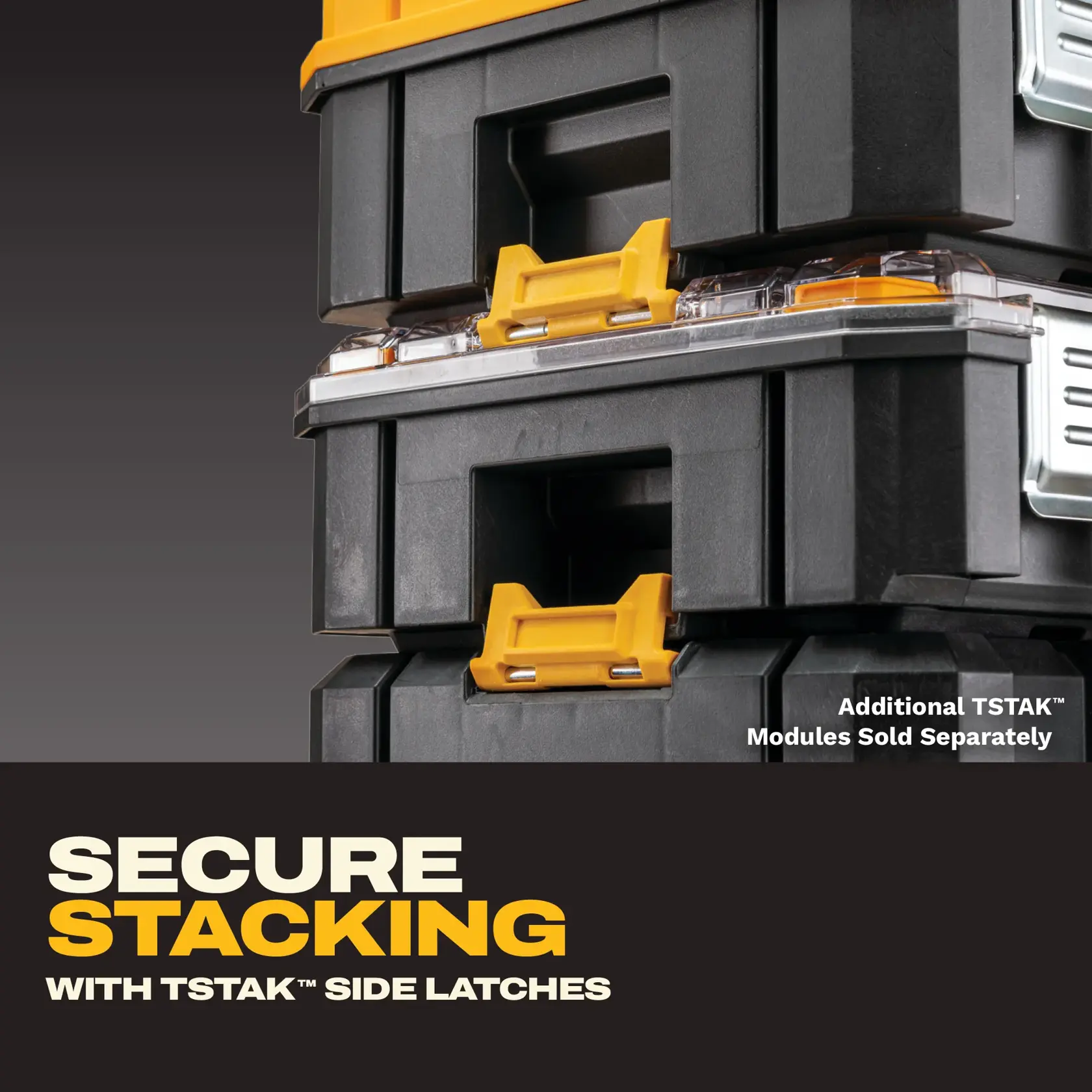 Close-up view of stacked DEWALT TSTAK tool storage boxes, with yellow side latches, demonstrating secure stacking. Text reads 'Secure stacking with TSTAK side latches.' Additional TSTAK modules sold separately.