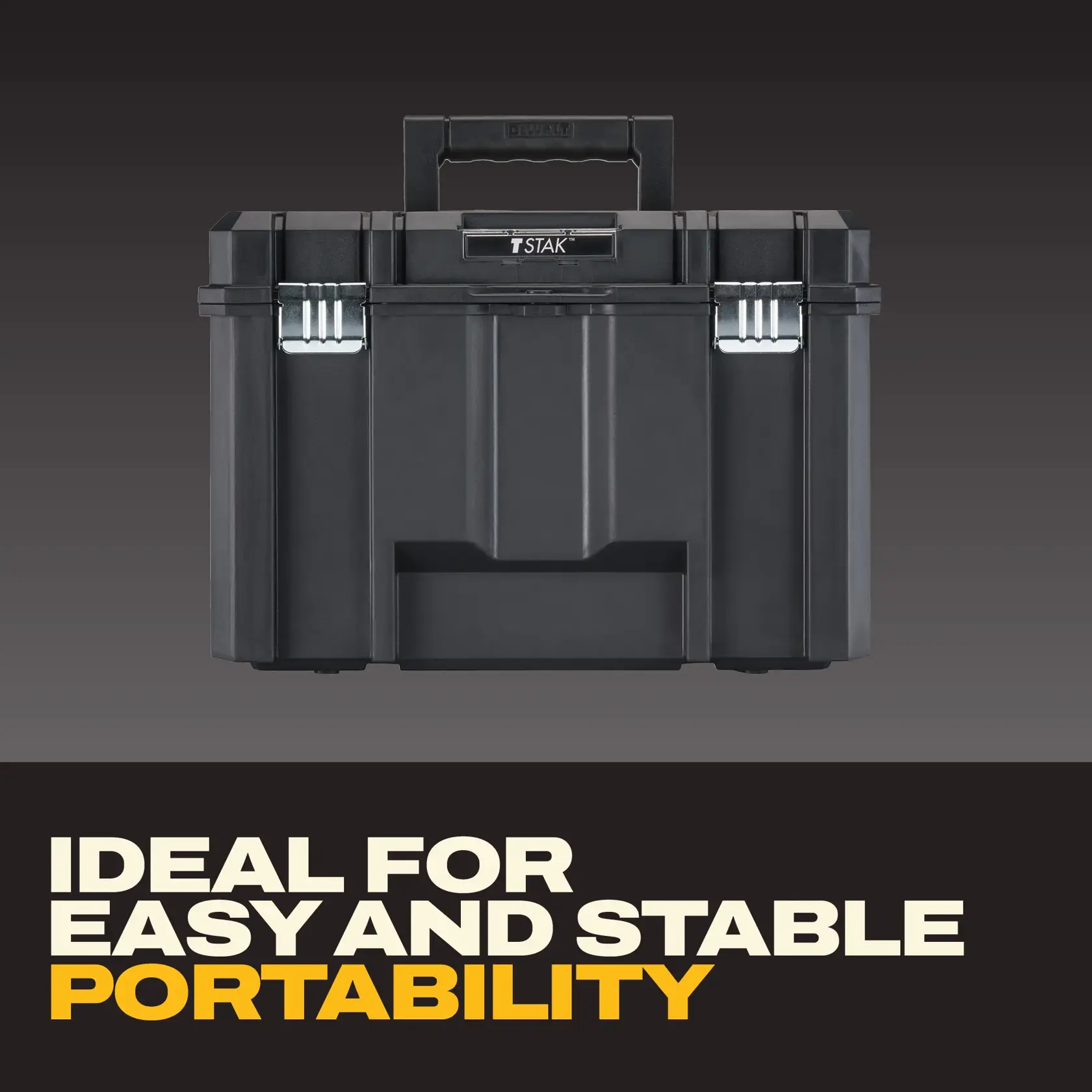 Black DEWALT TSTAK toolbox with a sturdy handle and metal latches, shown against a gradient background. Below, there is text stating: 'Ideal for easy and stable portability.'