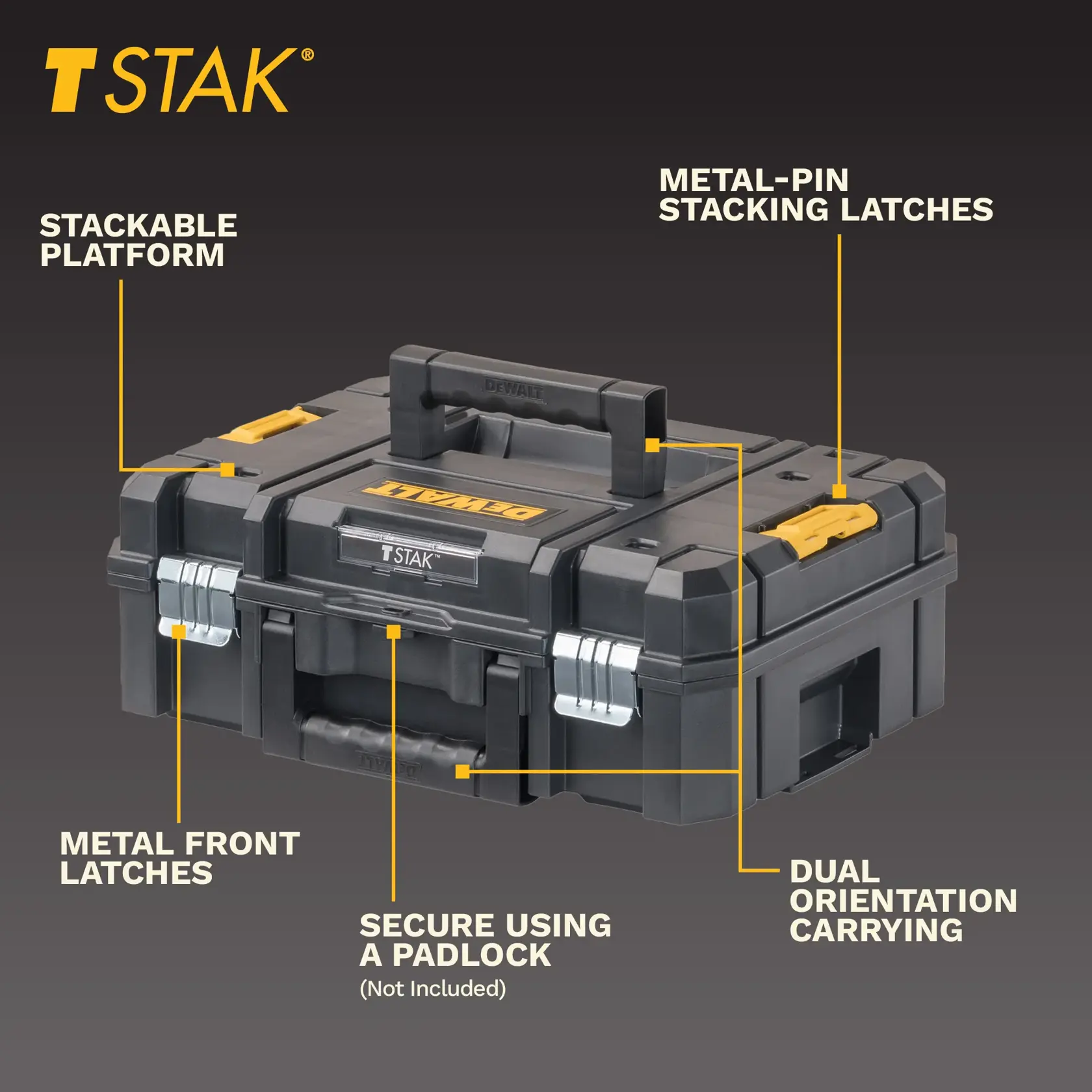 DEWALT TSTAK black tool box with metal latches, stackable design, and dual handles for secure carrying and locking.