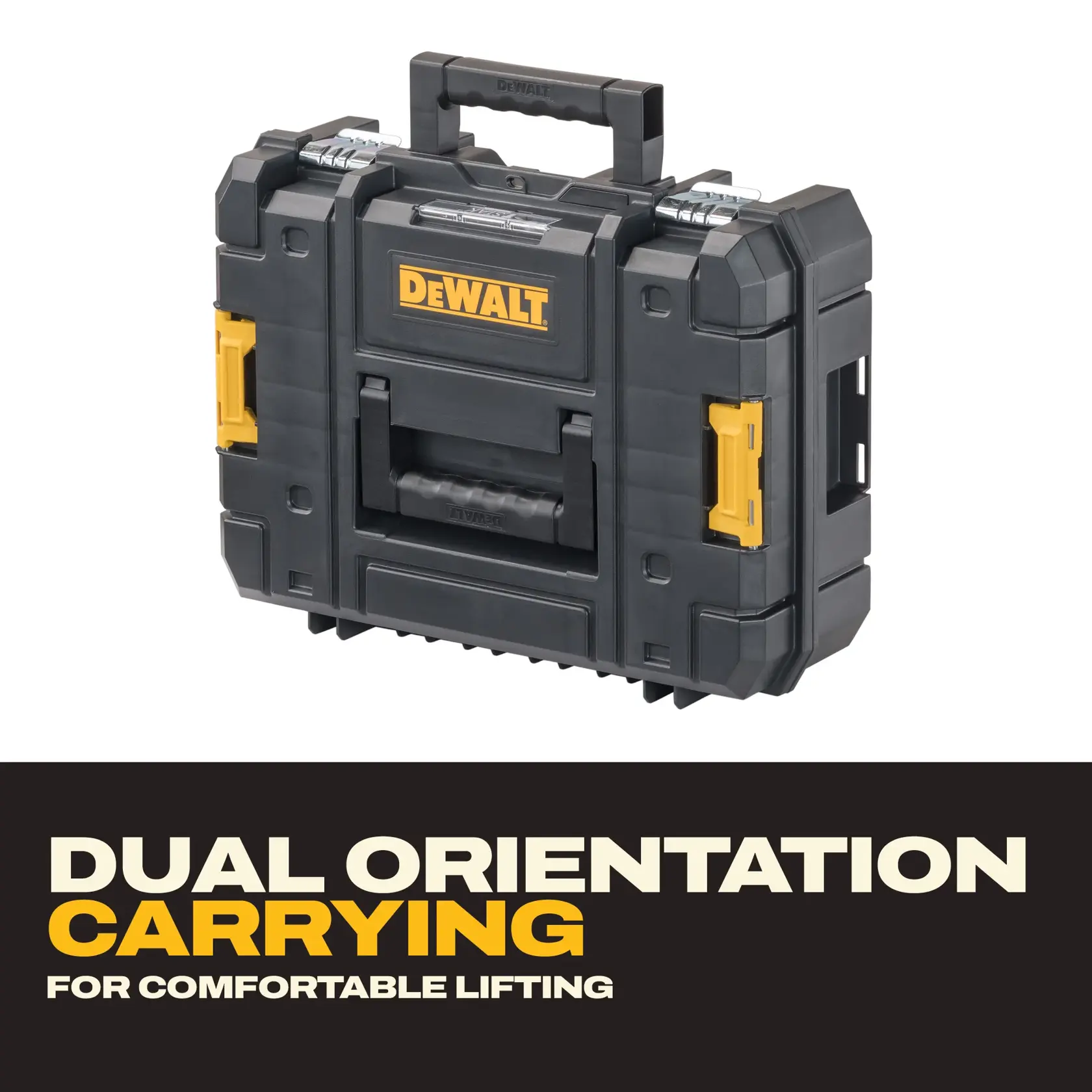 DEWALT tool box with dual carrying handles for comfortable lifting.