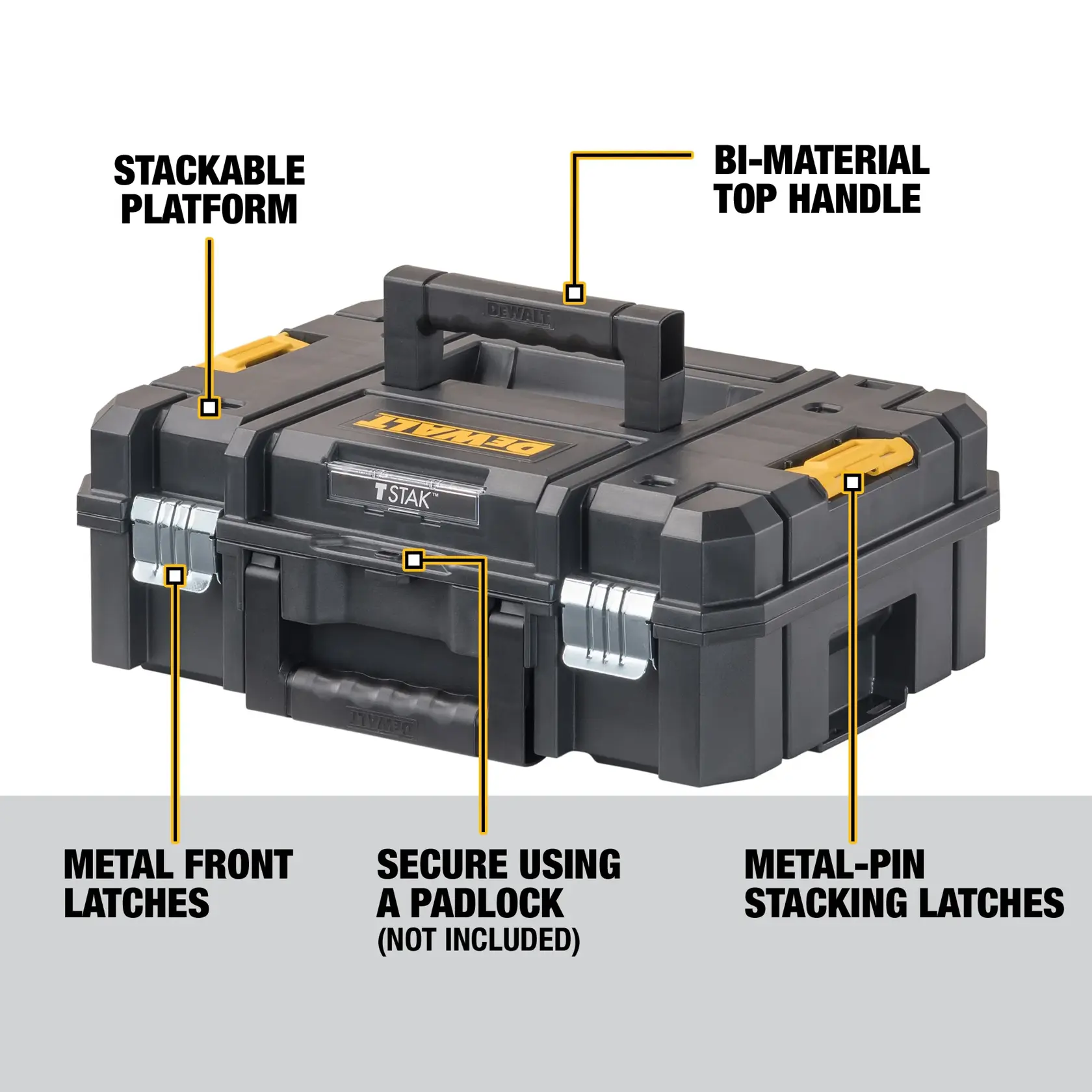Black DEWALT toolbox with metal latches, top handle, stackable platform, and padlock option; labeled features.