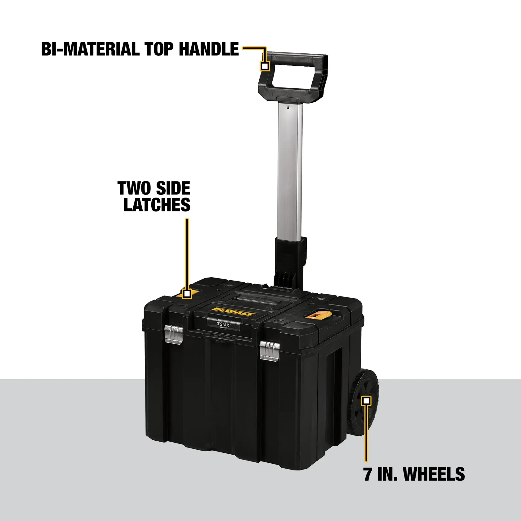 A DEWALT rolling tool box with a bi-material top handle, two side latches, and 7-inch wheels. The handle is extended upright from the box.